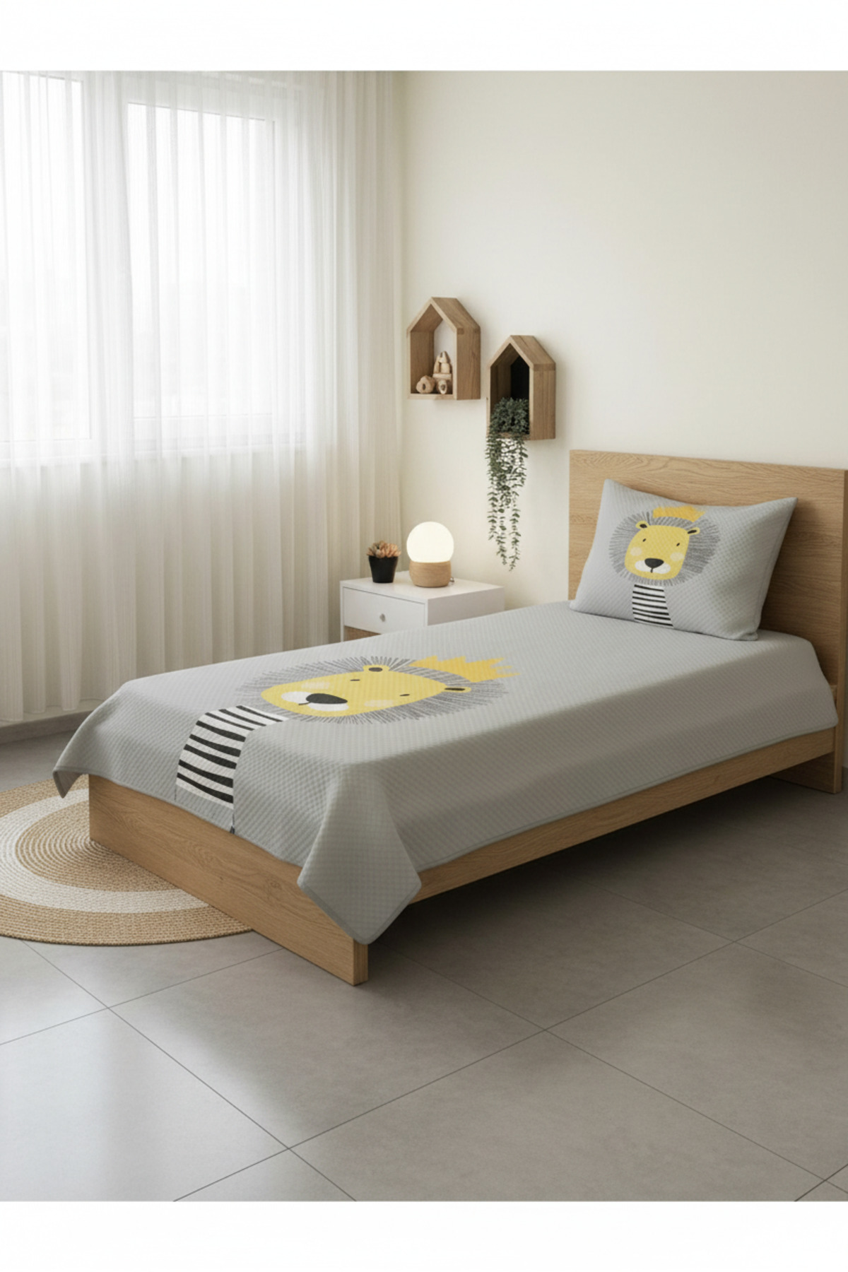 Evmila Aslan Desenli Bebek Ve Çocuk Baskılı Tek Kişilik Pike Takımı 160x230 Gri fotoğrafı 2 (önizleme)