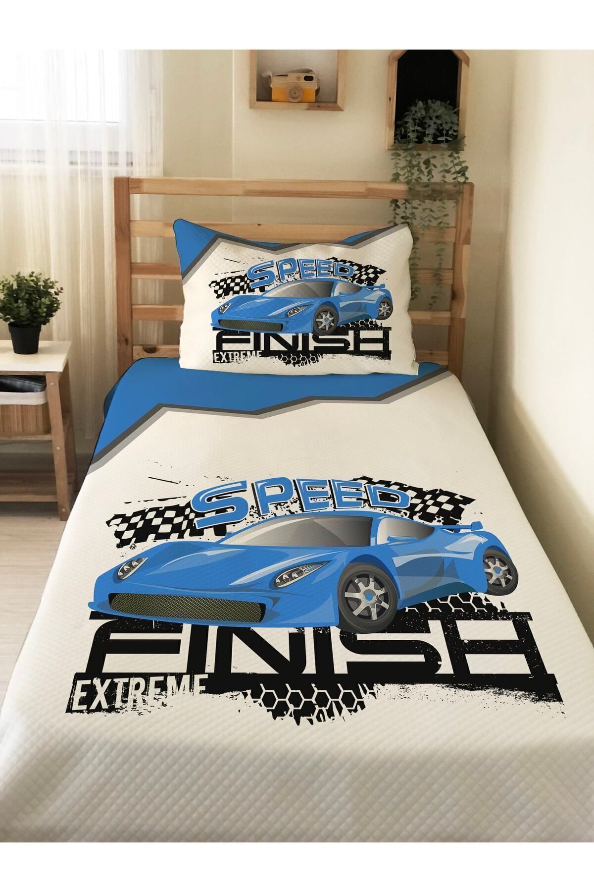 Evmila Mavi Araba Desenli Bebek Ve Çocuk Baskılı Tek Kişilik Pike Takımı 160x230 Beyaz fotoğrafı 3 (önizleme)