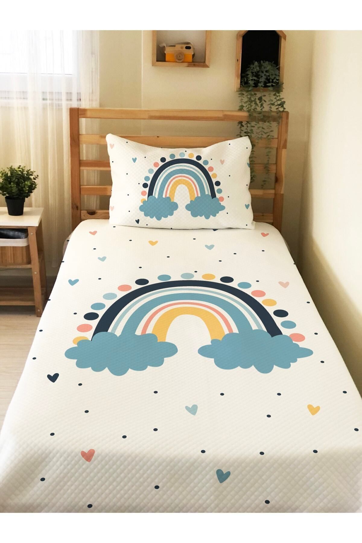 Evmila Bulut Gökkuşağı Desenli Bebek Ve Çocuk Baskılı Tek Kişilik Pike Takımı 160x230 Beyaz fotoğrafı 2 (önizleme)