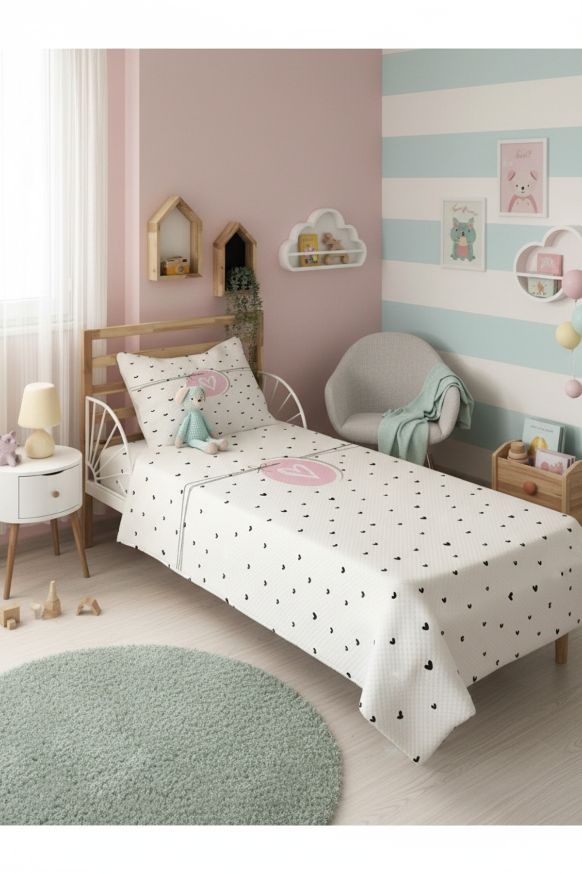 Evmila Kalp Desenli Bebek Ve Çocuk Baskılı Tek Kişilik Pike Takımı 160x230 Beyaz fotoğrafı 5 (önizleme)