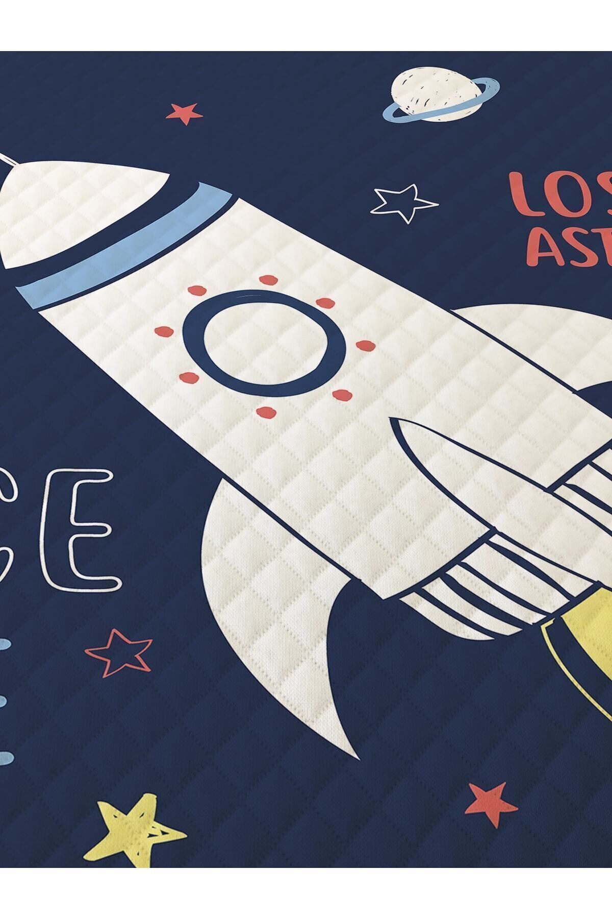 Evmila Roket Desenli Uzay Temalı Bebek Ve Çocuk Baskılı Tek Kişilik Pike Takımı 160x230 Lacivert fotoğrafı 4 (önizleme)