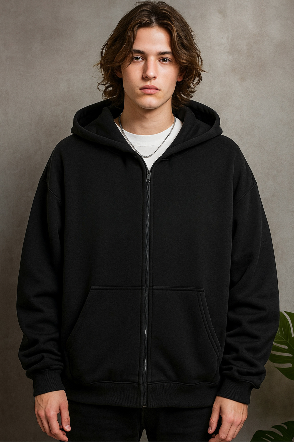 Deep sense  Erkek Siyah Kapüşonlu Fermuarlı Oversize Sweatshirt Kışlık Okul Hırkası Şardonlu Baskılı