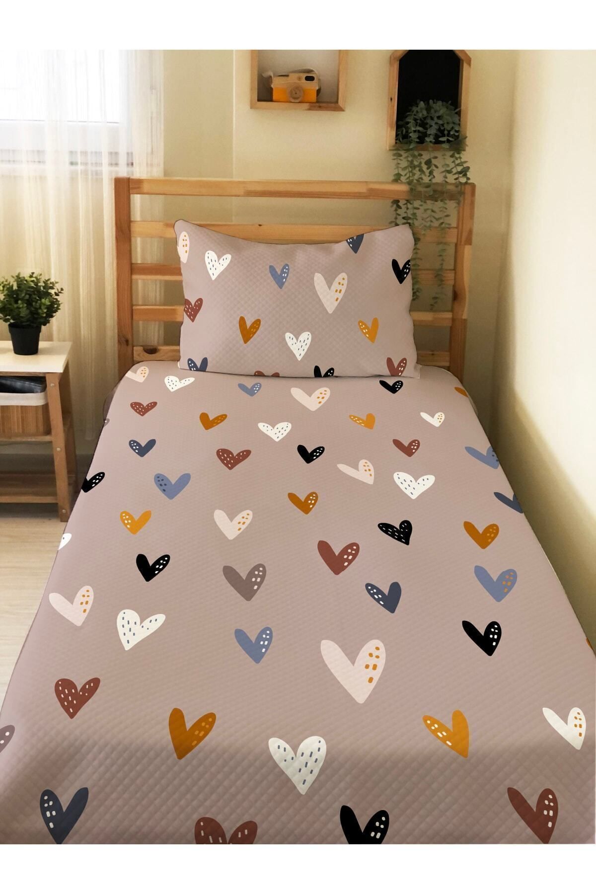 Evmila Renkli Kalpler Desenli Bebek Ve Çocuk Baskılı Tek Kişilik Pike Takımı 160x230 Kahverengi fotoğrafı 3 (önizleme)
