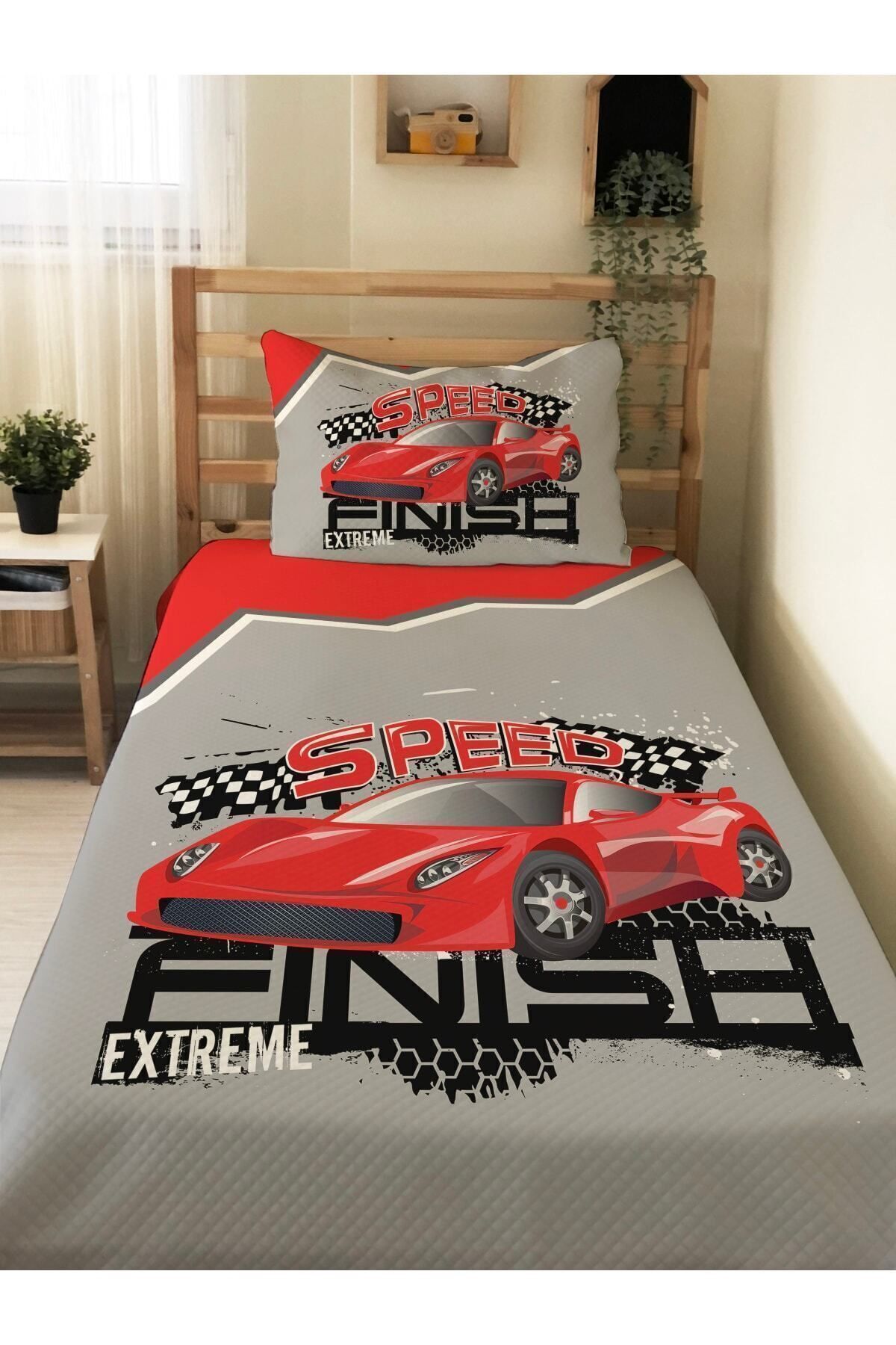 Evmila Kırmızı Araba Desenli Bebek Ve Çocuk Baskılı Tek Kişilik Pike Takımı 160x230 Gri fotoğrafı 3 (önizleme)