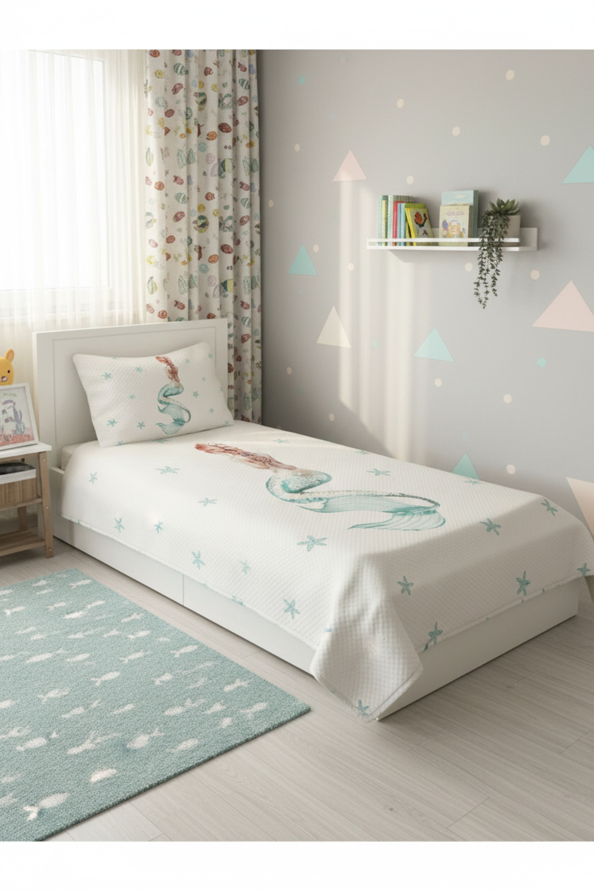 Evmila Deniz Kızı Desenli, Baskılı Tek Kişilik ve Çocuk Pike Takımı