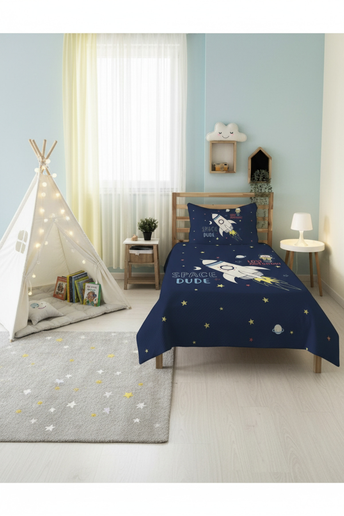 Evmila Roket Desenli Uzay Temalı Bebek Ve Çocuk Baskılı Tek Kişilik Pike Takımı 160x230 Lacivert fotoğrafı 2 (önizleme)