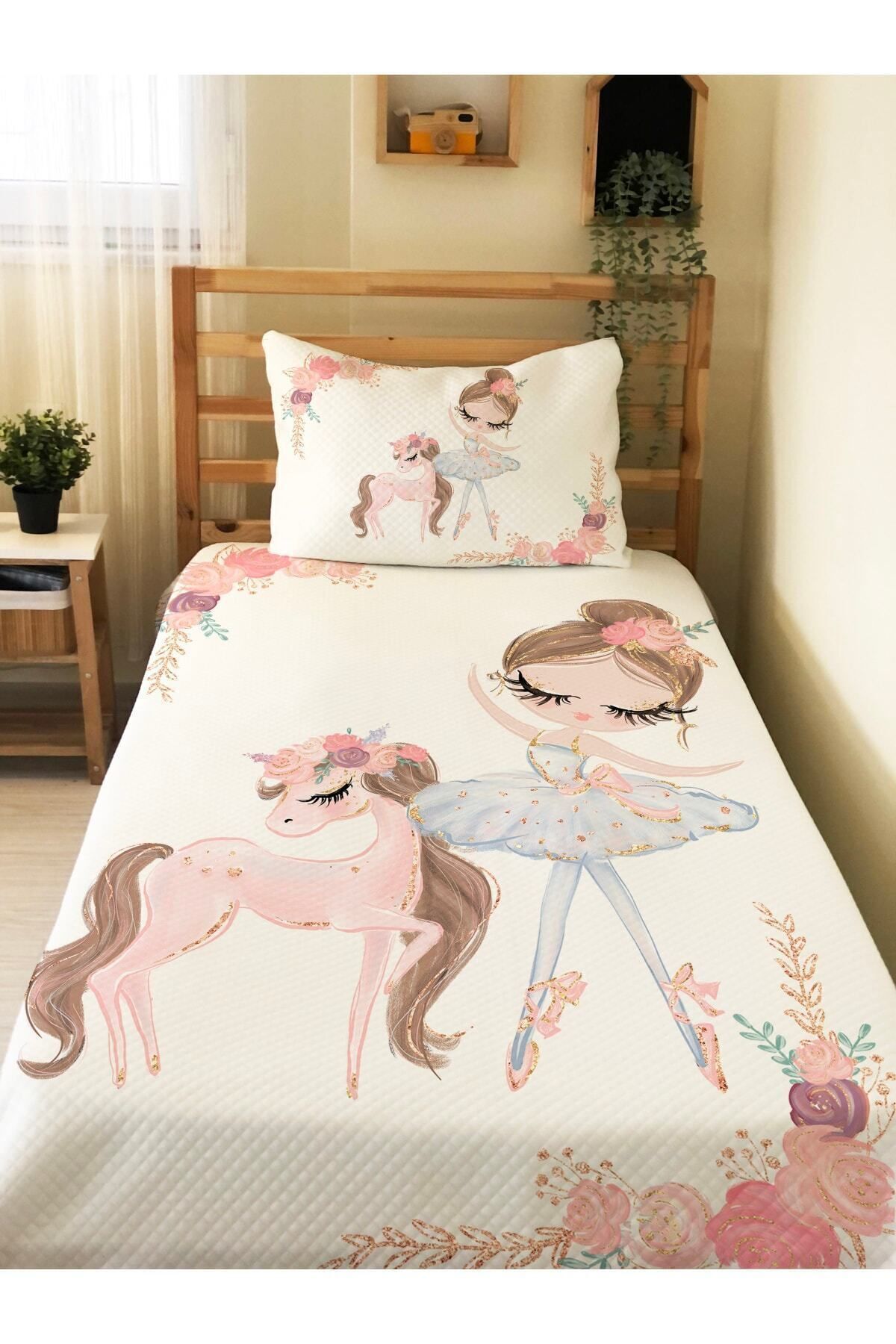 Evmila Balerin Ve Unicorn Desenli Bebek Ve Çocuk Baskılı Tek Kişilik Pike Takımı 160x230 Beyaz fotoğrafı 3 (önizleme)