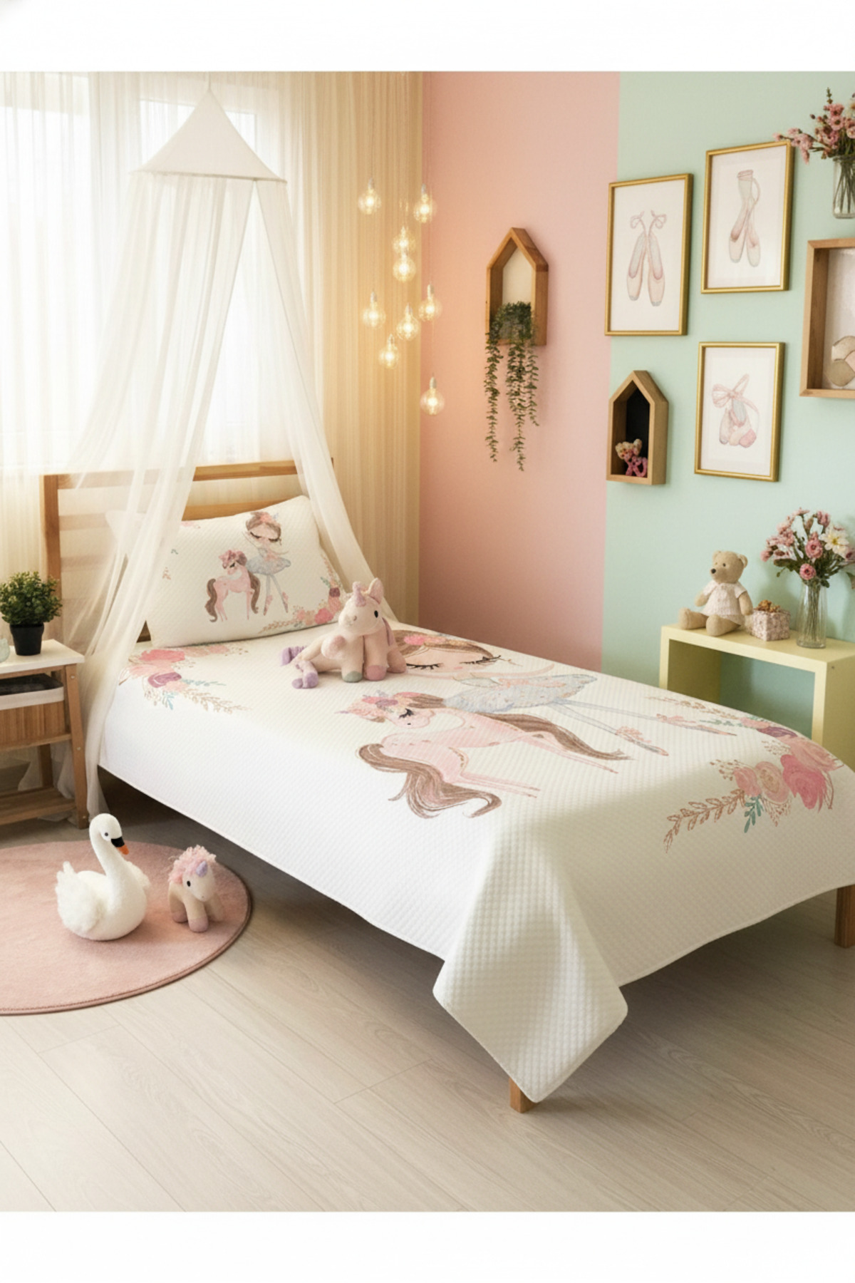 Evmila Balerin Ve Unicorn Desenli Bebek Ve Çocuk Baskılı Tek Kişilik Pike Takımı 160x230 Beyaz fotoğrafı 2 (önizleme)