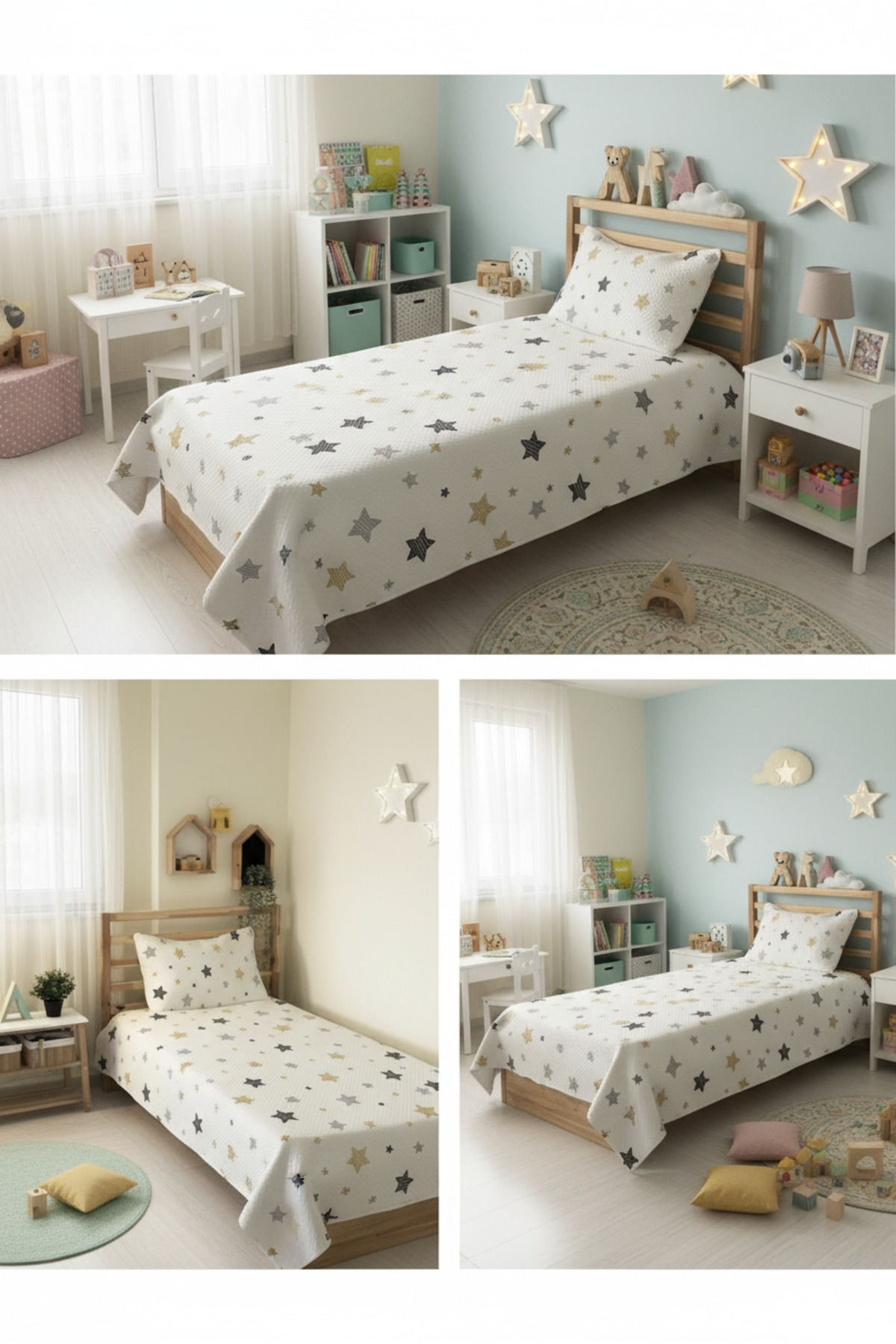 Evmila Yıldız Desenli Bebek Ve Çocuk Baskılı Tek Kişilik Pike Takımı 160x230 Beyaz fotoğrafı 2 (önizleme)