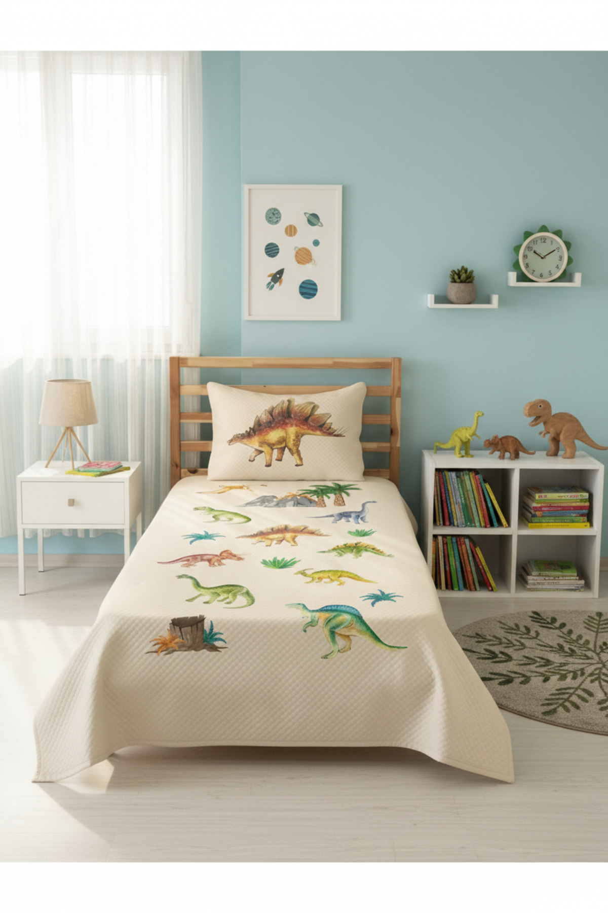 Evmila Dinozor Desenli Tek Kişilik Pike Takımı 160x230 Krem fotoğrafı 2 (önizleme)