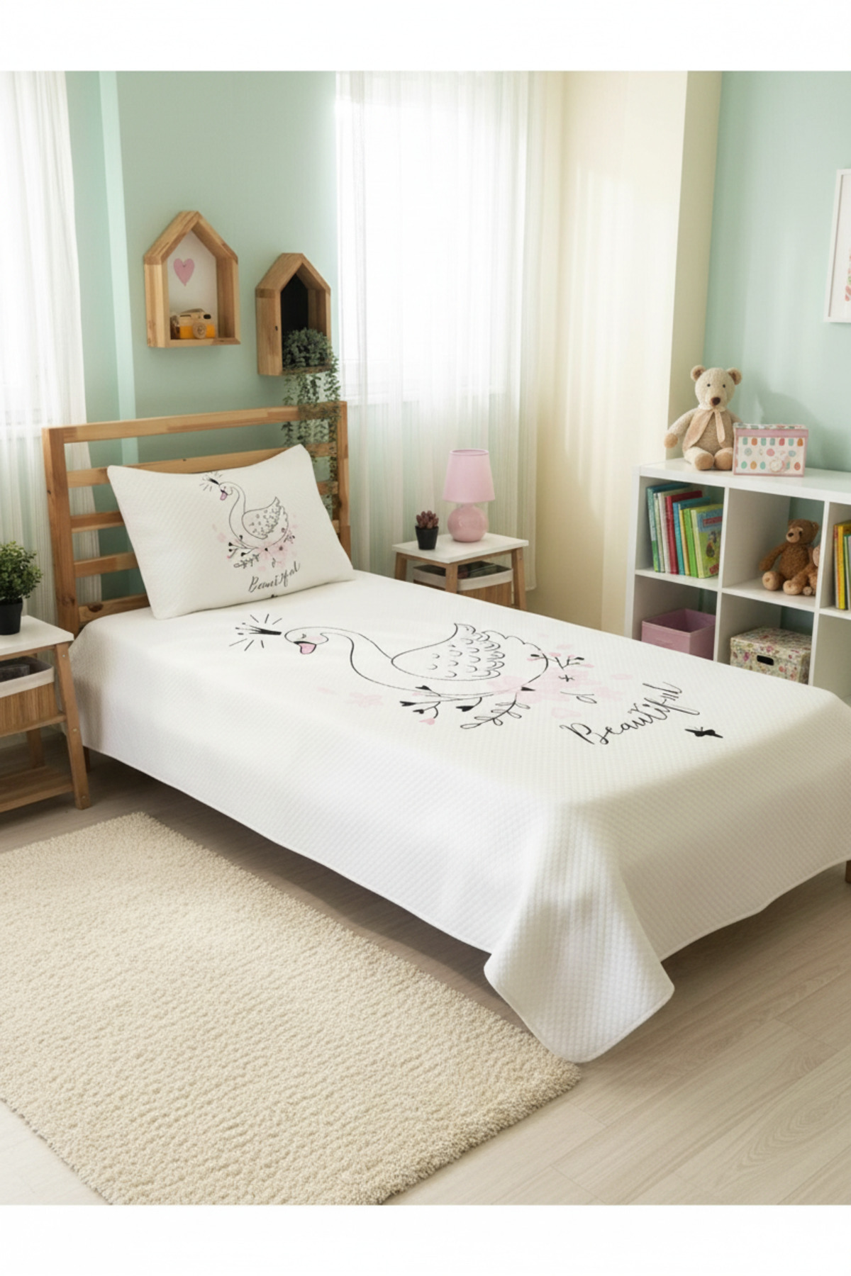 Evmila Kuğu Desenli Bebek Ve Çocuk Baskılı Tek Kişilik Pike Takımı 160x230 Beyaz fotoğrafı 2 (önizleme)