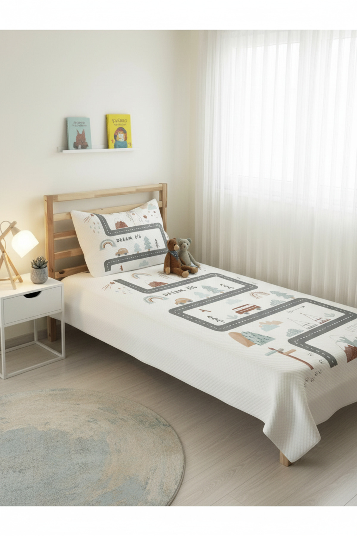 Evmila Yol Desenli Bebek Ve Çocuk Baskılı Tek Kişilik Pike Takımı 160x230 Beyaz fotoğrafı 2 (önizleme)