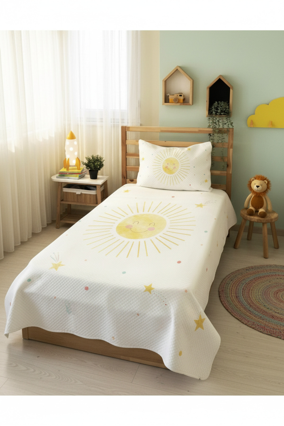 Evmila Güneş Desenli Bebek Ve Çocuk Baskılı Tek Kişilik Pike Takımı 160x230 Beyaz fotoğrafı 2 (önizleme)