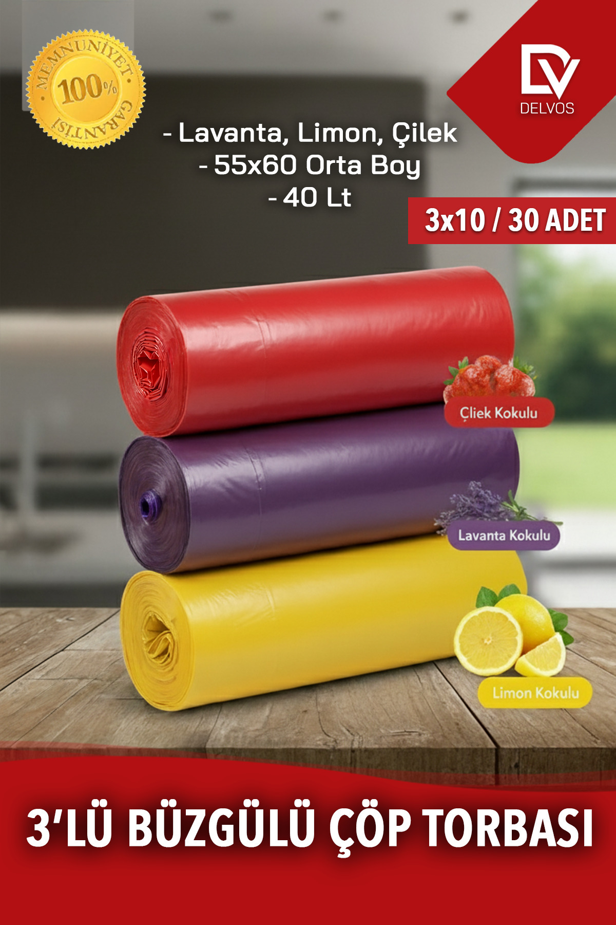 naft Plus Büzgülü Çöp Torbası 55x60 3'Lü Eko Paket Lavanta-Çilek-Limon Kokulu Çöp Poşeti