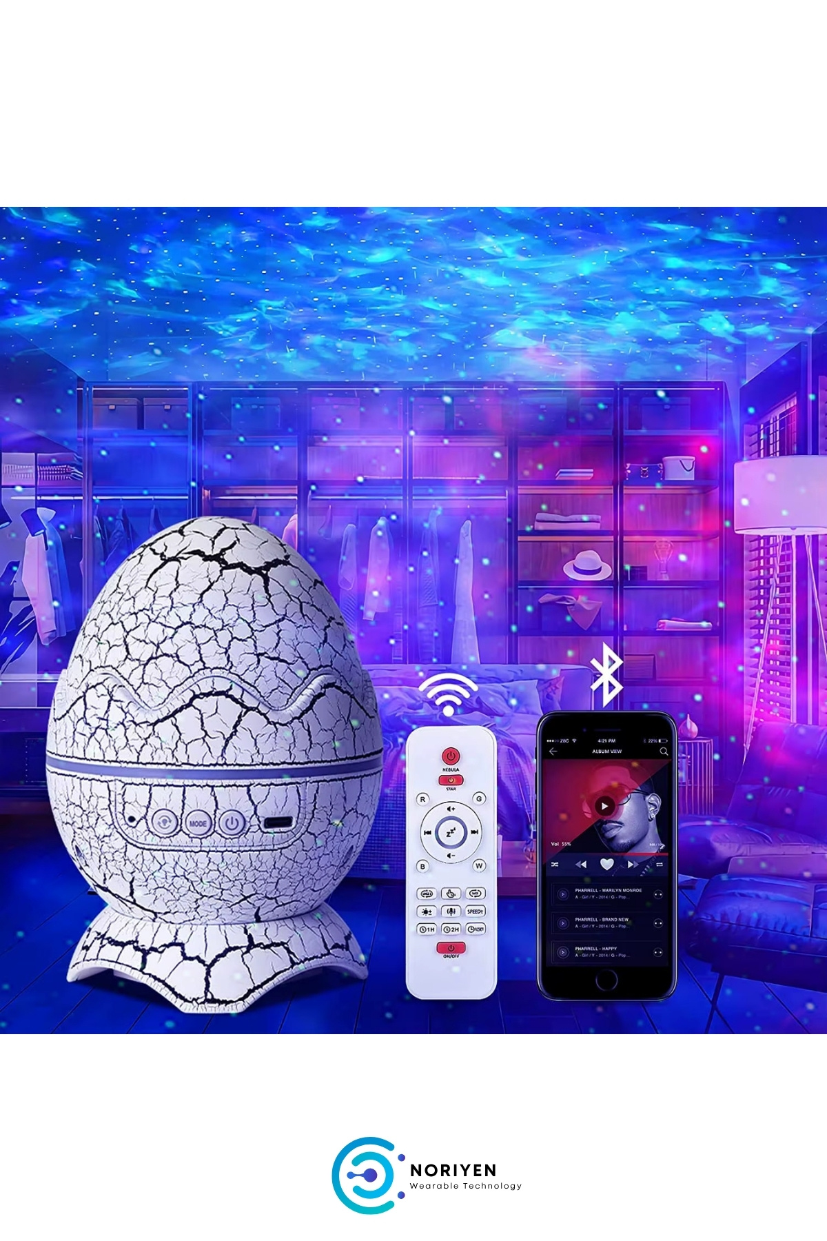 Dinazor Yumurtası Gece Lambası Kumandalı Hoparlör Galaxy Projektör Projeksiyon Çocuk Oda Lambası