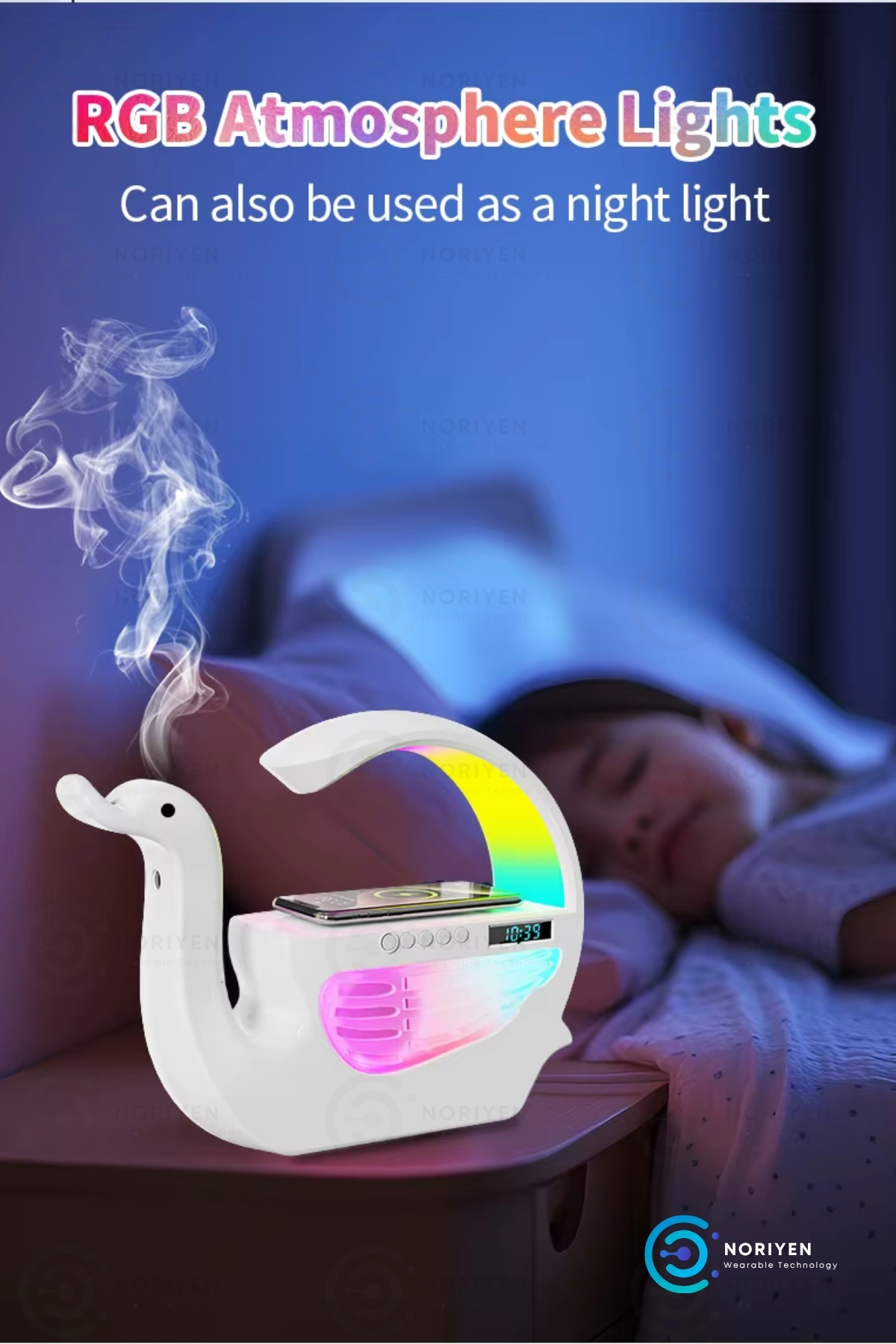 Yeni Nesil 6in1 Kuğu Tipi RGB Işıklı Kablosuz Şarj Hoparlör Buhar Makinesi Hava Nemlendirici