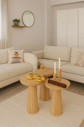 Simillo Home&Living Wooden Ahşap 3’lü Set Mantar Yan Sehpa Fiskos / Çiçeklik ...