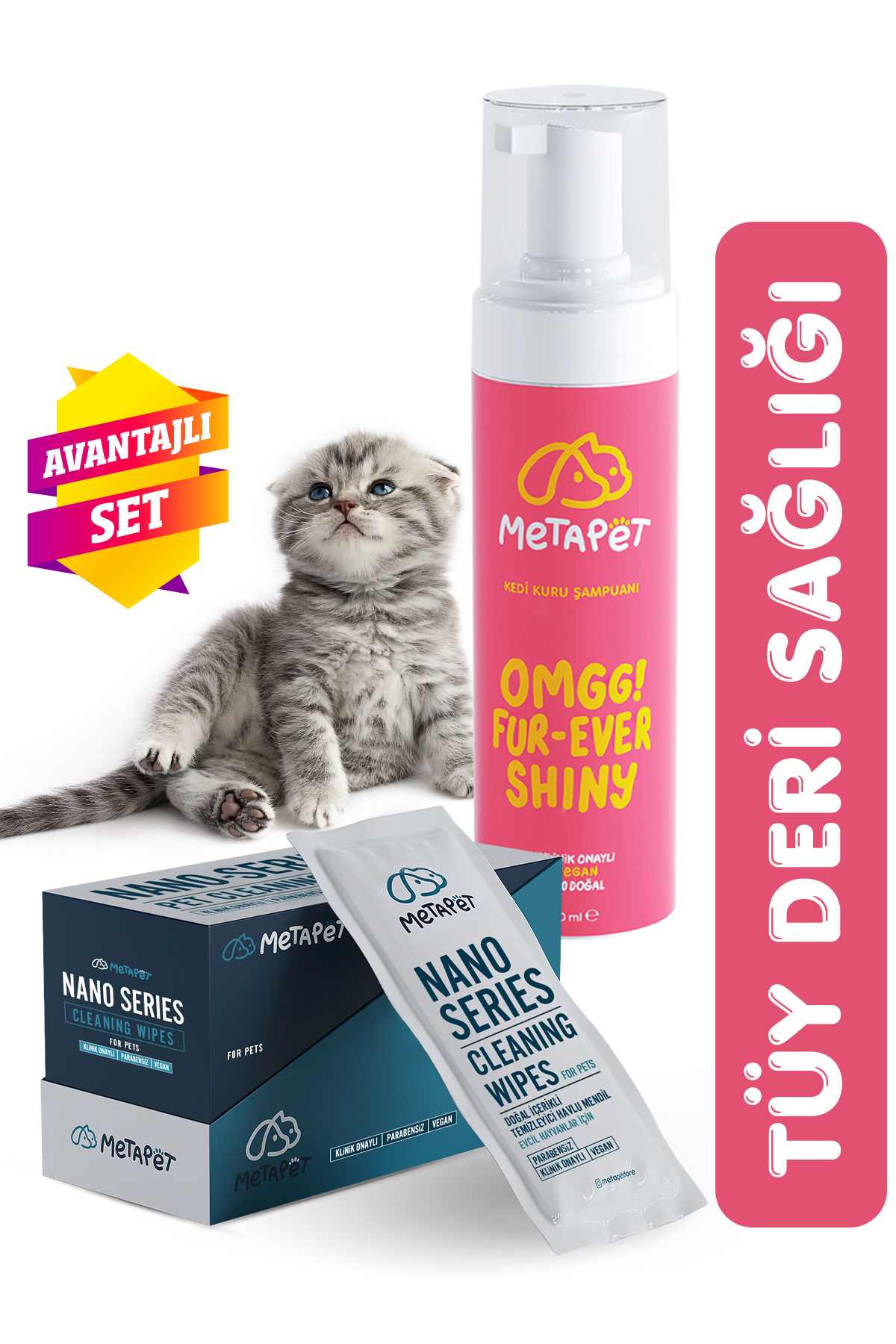 Metapet Tüy Döken Kediler Için Özel Set - Kuru Bakım Şampuanı Ve Nano Series Havlu E Vitamini Ve Doğal
