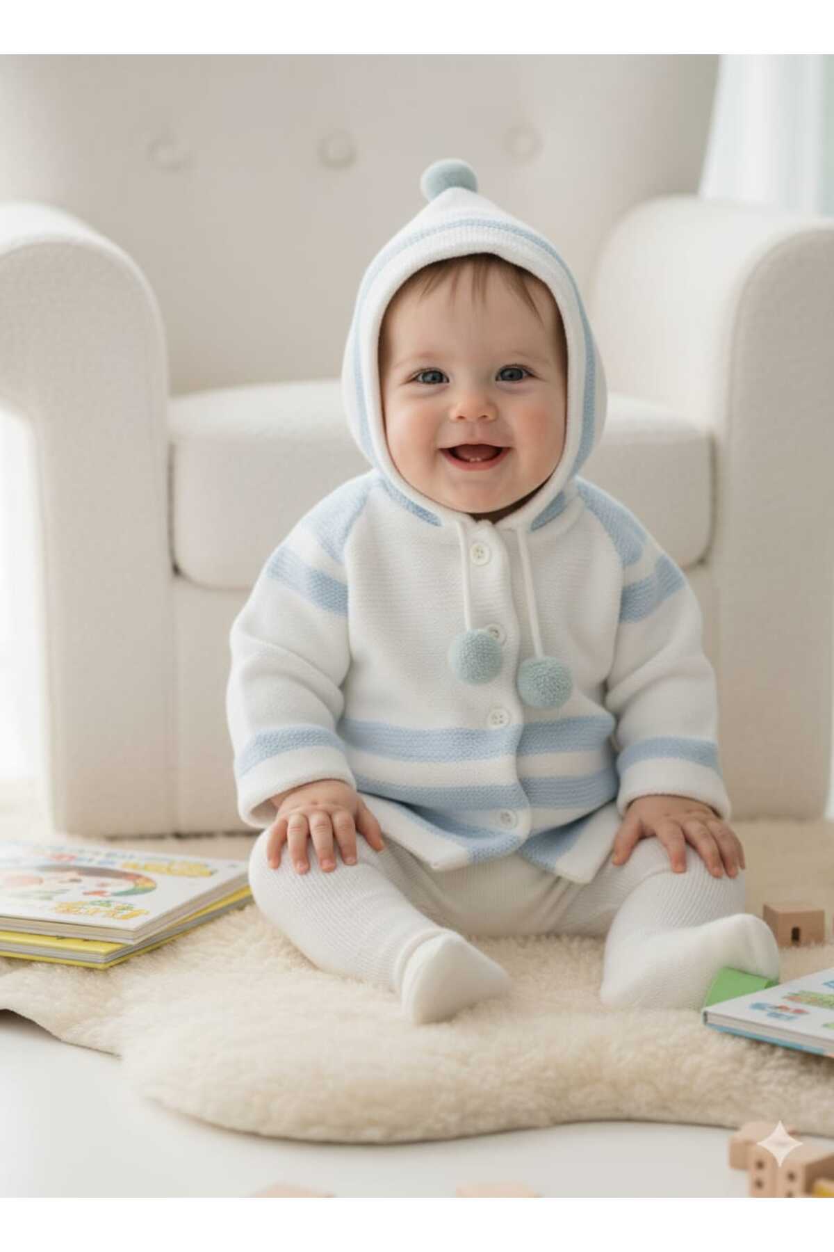 meriç bebe - bütün çocuklar melektir. mrc Unisex 0-6 Ay Çift Katlı Triko Bebek Hırkası Kapüşonlu Örme Ceket fotoğrafı 4 (önizleme)