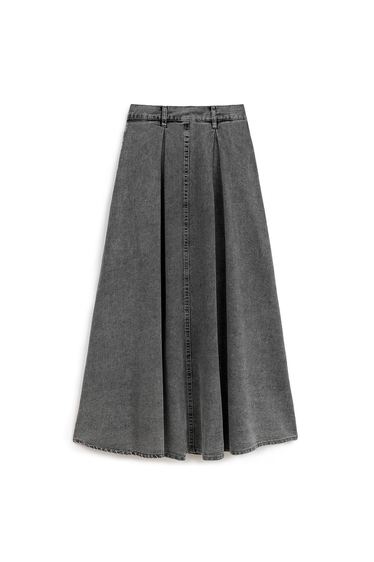 praye Cepli Kloş Denim Etek Füme görsel 2