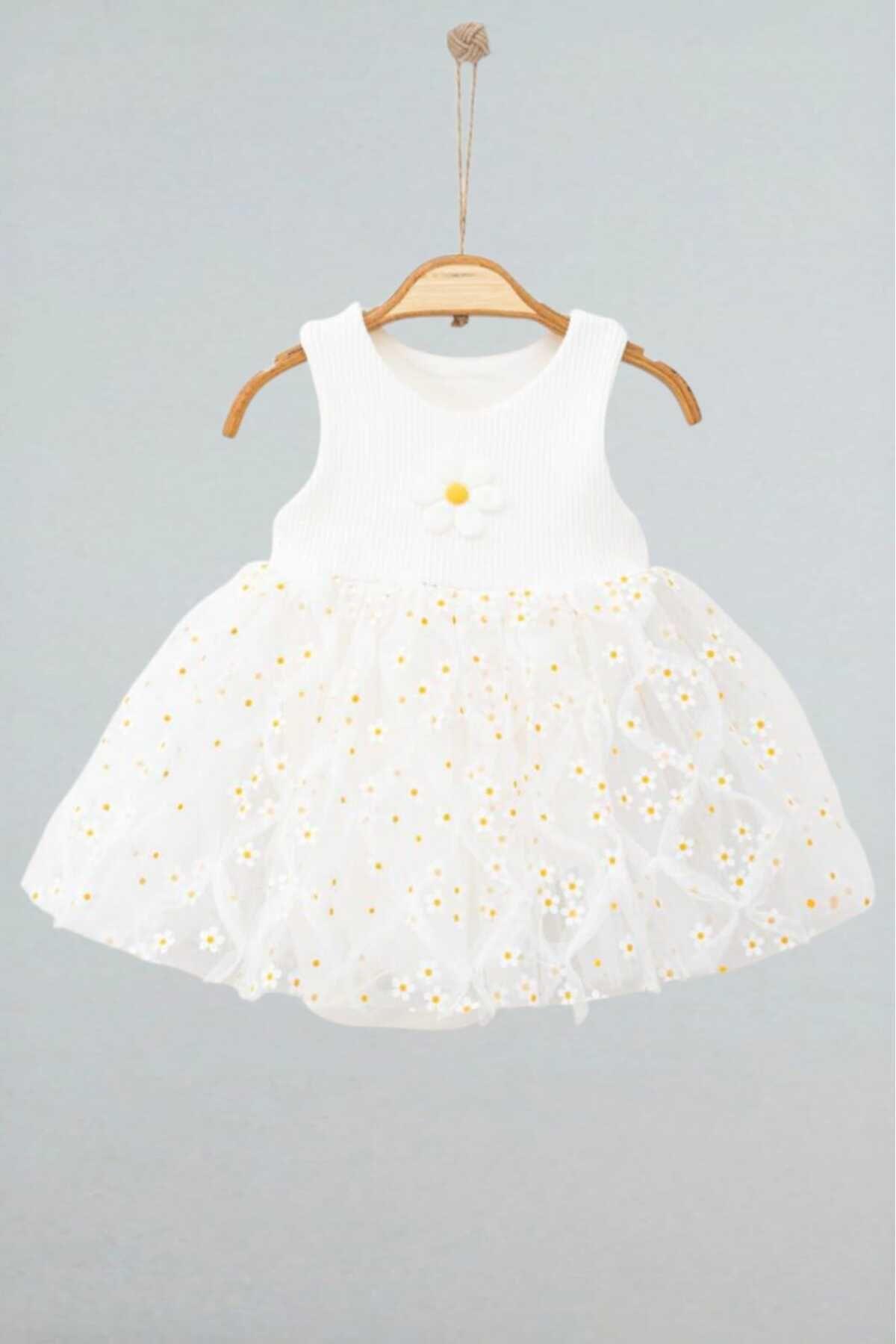 dinamik çocuk Papatya Desenli Tüllü Elbise Üstü Fitilli Kolsuz Yazlık Alttan Çıtçıtlı Bodyli Kız Çocuk fotoğrafı 3 (önizleme)