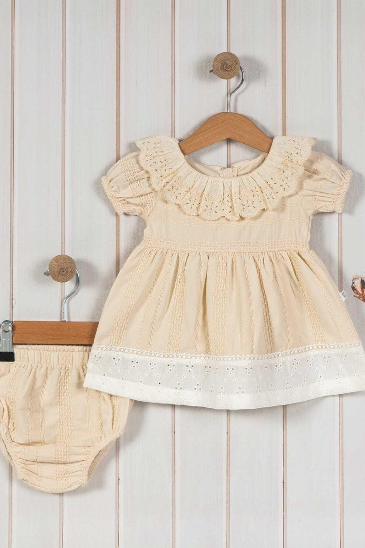 dinamik çocuk Kız Bebek Güpürlü Kendinden desenli Kumaş Külotlu Elbise 2 parça Takım Bayramlık Doğum günü Mevlüt fotoğrafı 4 (önizleme)