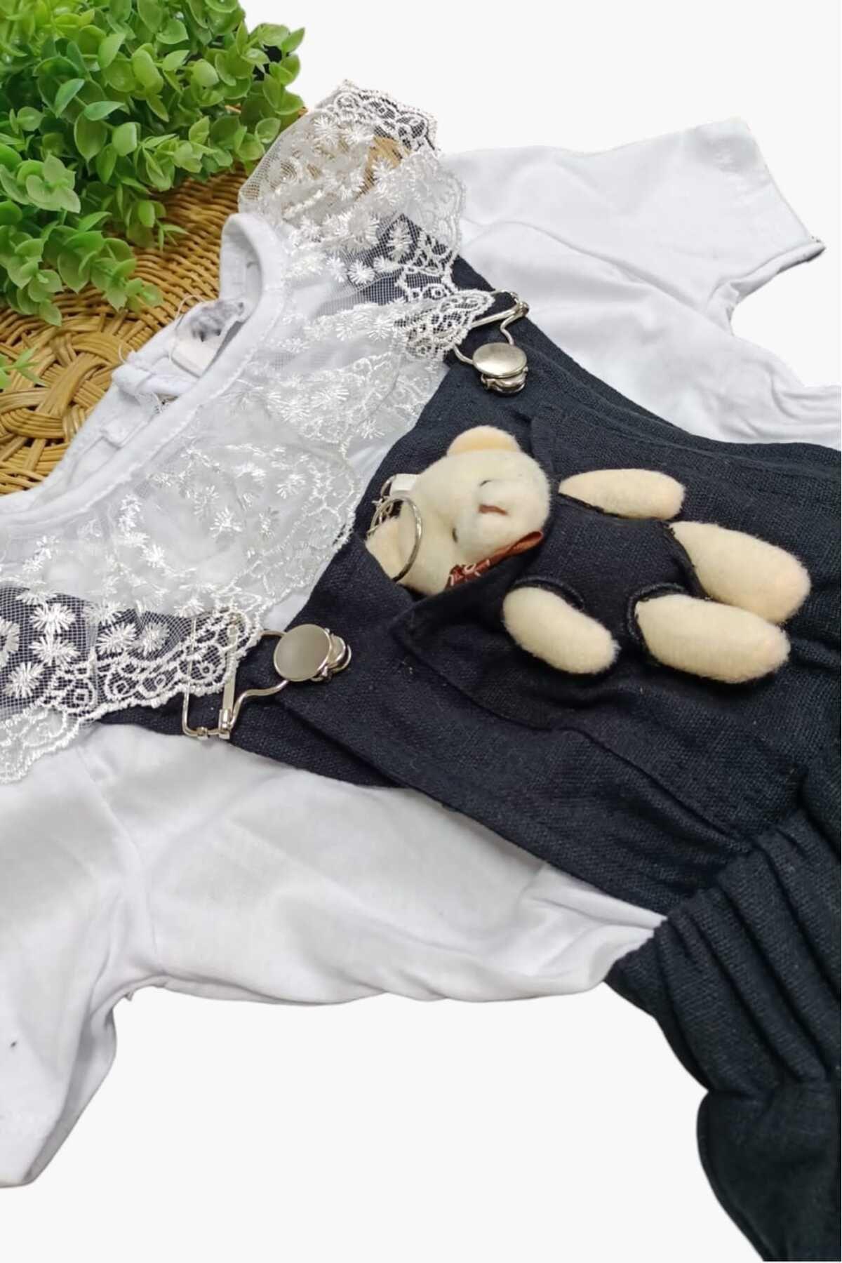 dinamik çocuk Kız Çocuk Dantelli Badili + Ayıcıklı Keten Jile Elbise 2'li Takım Ayarlanabilir Askılıklı Bayramlık fotoğrafı 2 (önizleme)