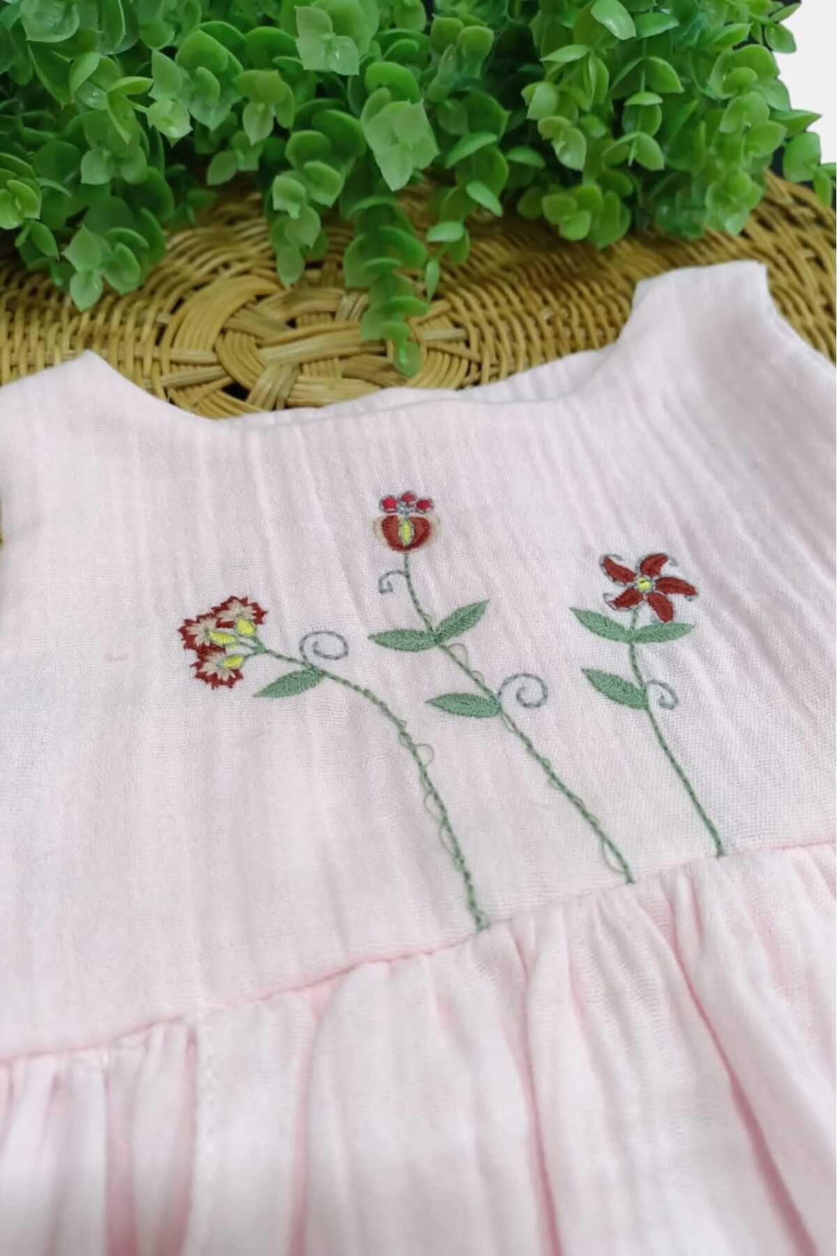 dinamik çocuk %100 Pamuk Kız Bebek/Çocuk Peri Elbise Nakışlı Eteği Parçalı + Külotlu Müslin Organik Takım fotoğrafı 7 (önizleme)