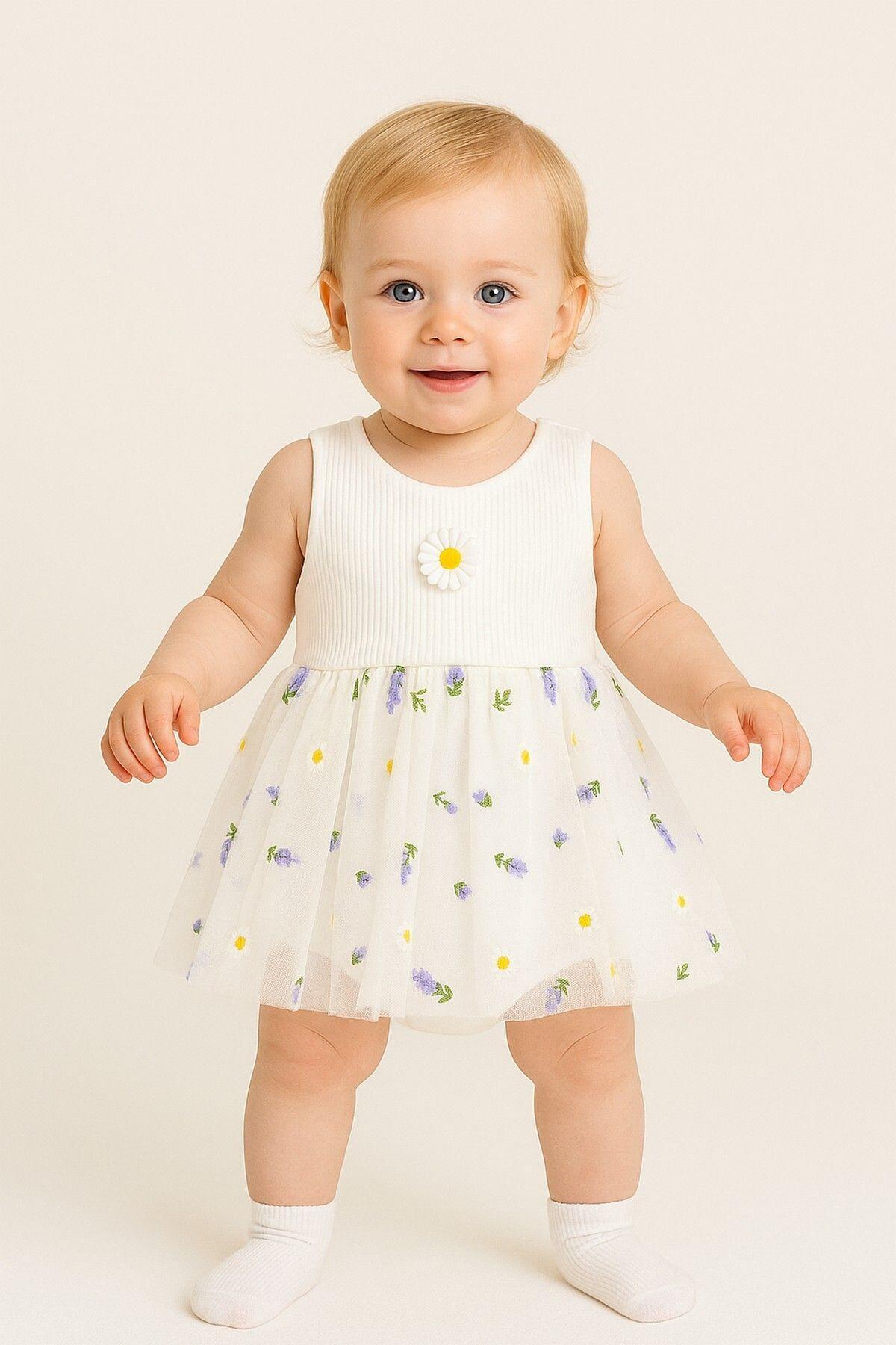 Lavender Patterned Tulle Dress Ribbed Top Sleeveless Summer Girl with Bottom Snap Fastener Body