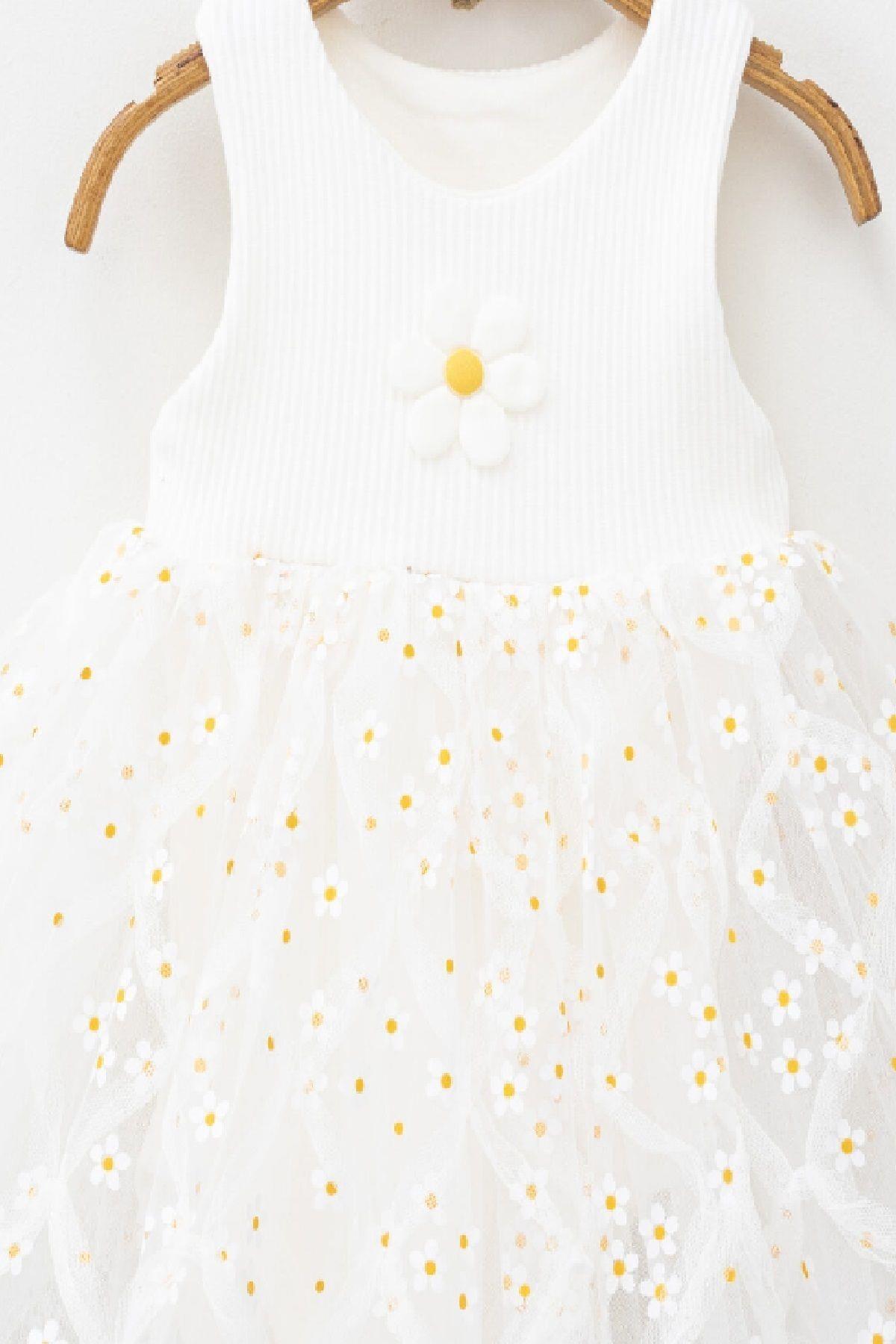 dinamik çocuk Papatya Desenli Tüllü Elbise Üstü Fitilli Kolsuz Yazlık Alttan Çıtçıtlı Bodyli Kız Çocuk fotoğrafı 5 (önizleme)