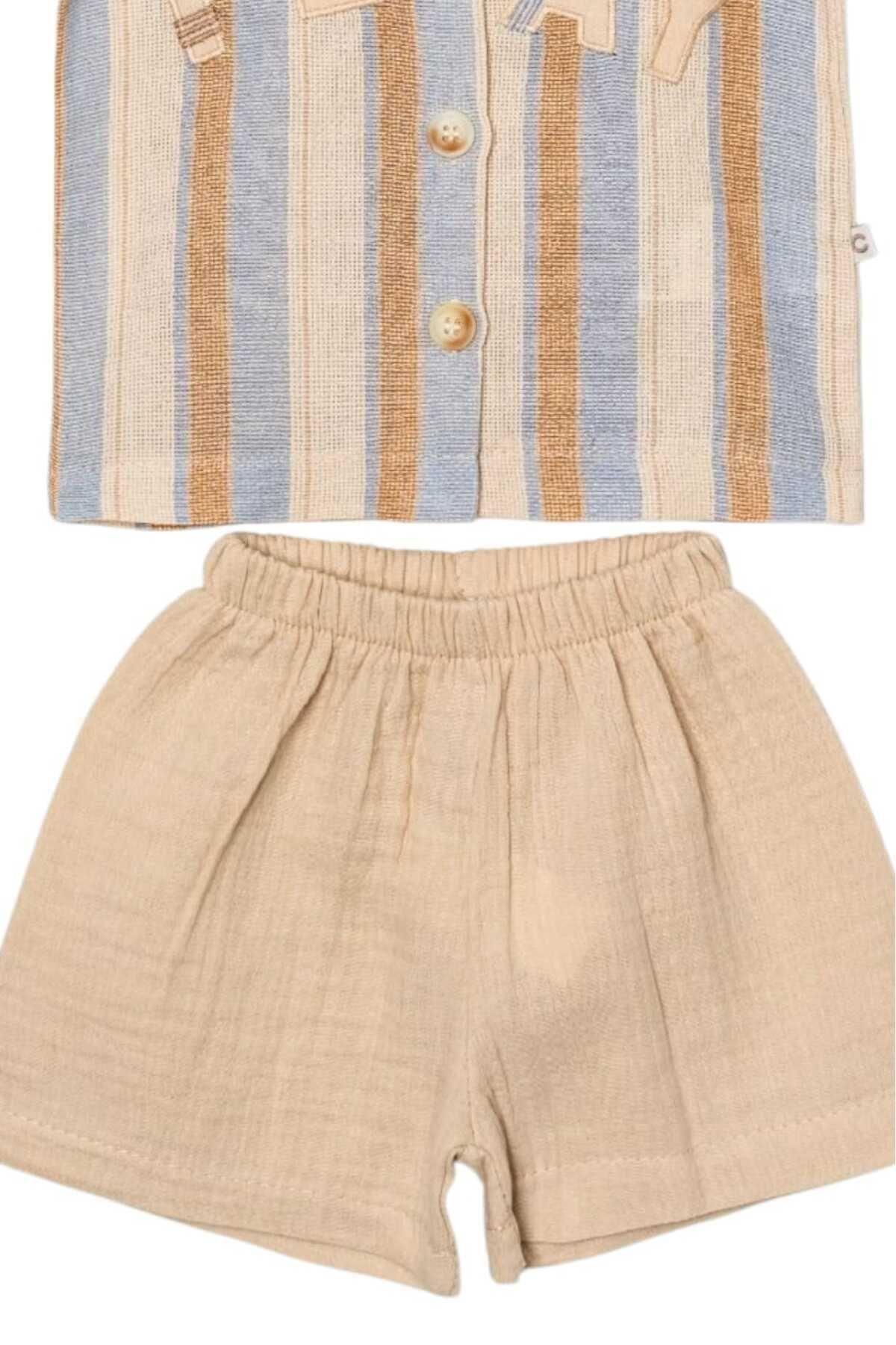 dinamik çocuk Erkek Bebek/Çocuk PLAY Nakışlı Gömlek Şort 2li Takım Ham Keten Yazlık Kumaş 3-6-9-12-19-24aylık fotoğrafı 5 (önizleme)