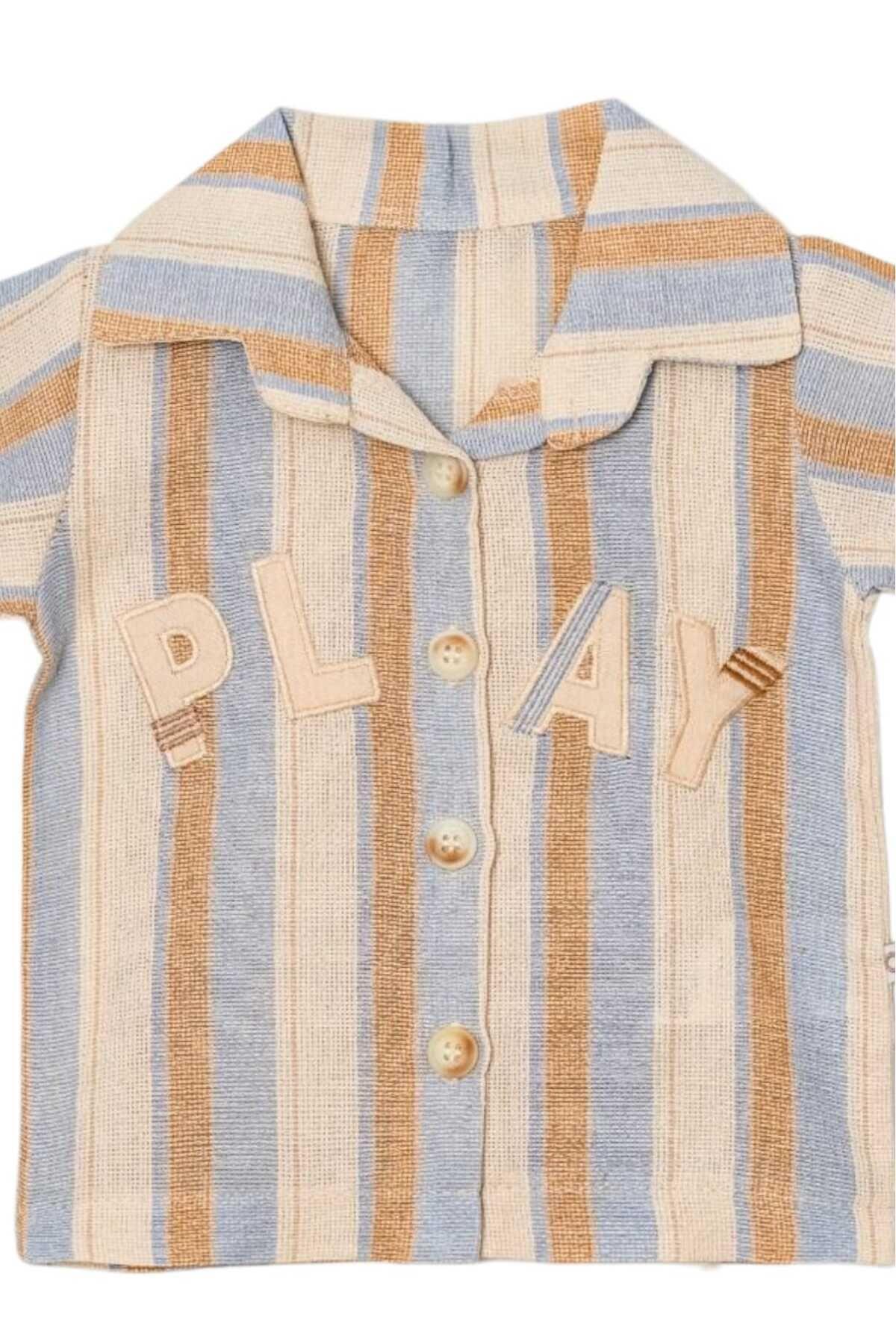 dinamik çocuk Erkek Bebek/Çocuk PLAY Nakışlı Gömlek Şort 2li Takım Ham Keten Yazlık Kumaş 3-6-9-12-19-24aylık fotoğrafı 4 (önizleme)