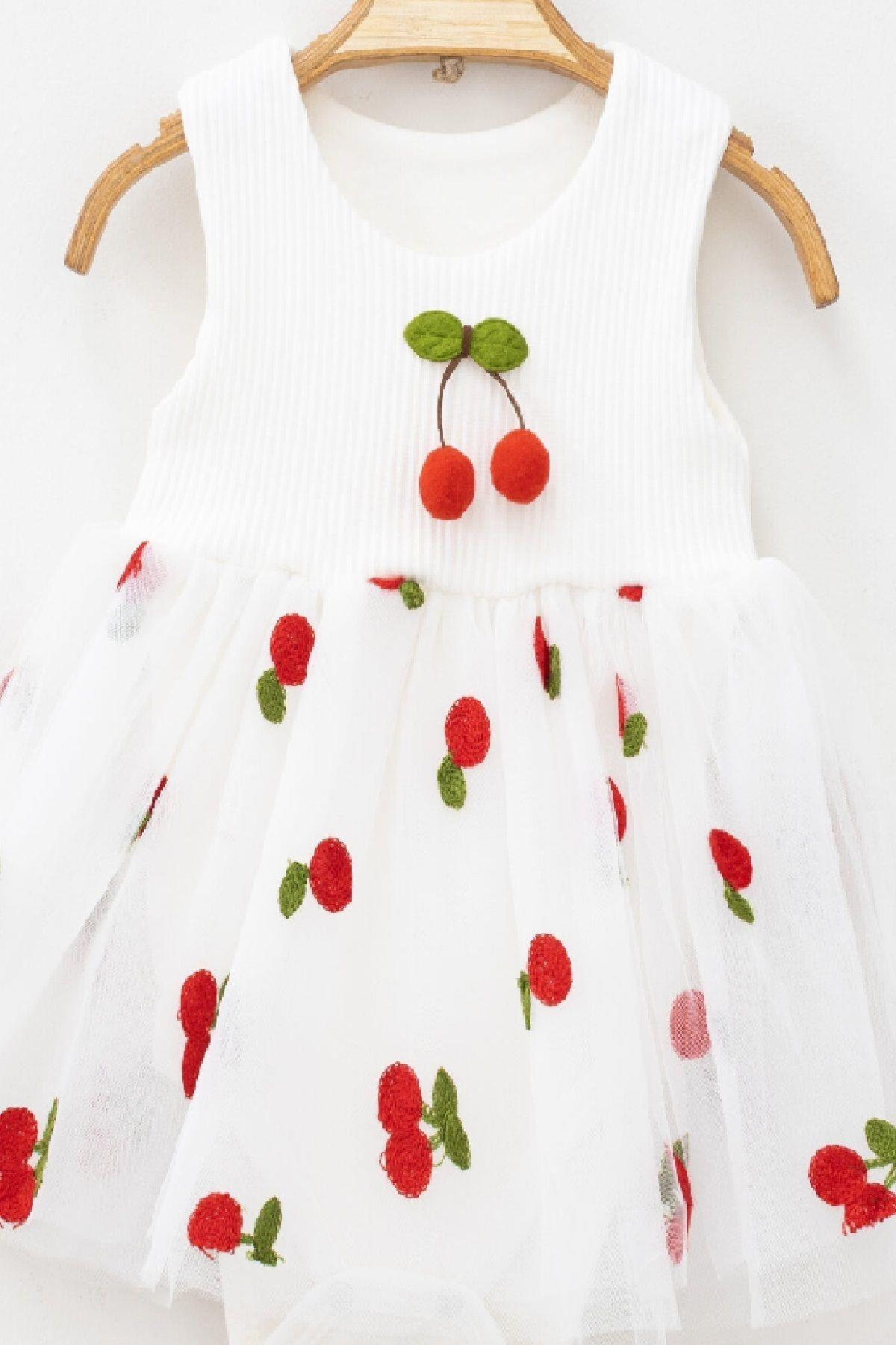 dinamik çocuk Kirazlı Desenli Tüllü Elbise Üstü Fitilli Kolsuz Yazlık Alttan Çıtçıtlı Bodyli Kız Çocuk fotoğrafı 4 (önizleme)