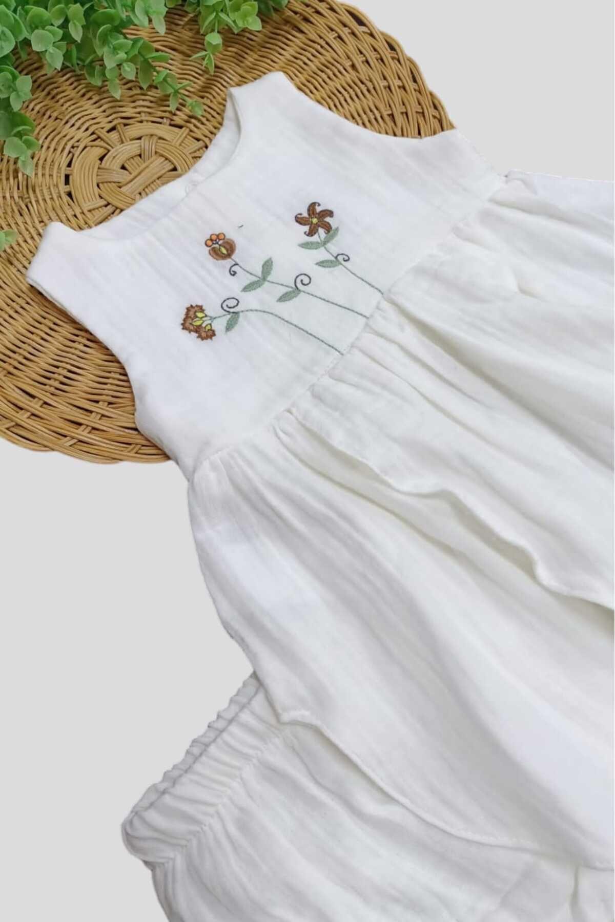 dinamik çocuk %100 Pamuk Kız Bebek/Çocuk Peri Elbise Nakışlı Eteği Parçalı + Külotlu Müslin Organik Takım fotoğrafı 4 (önizleme)