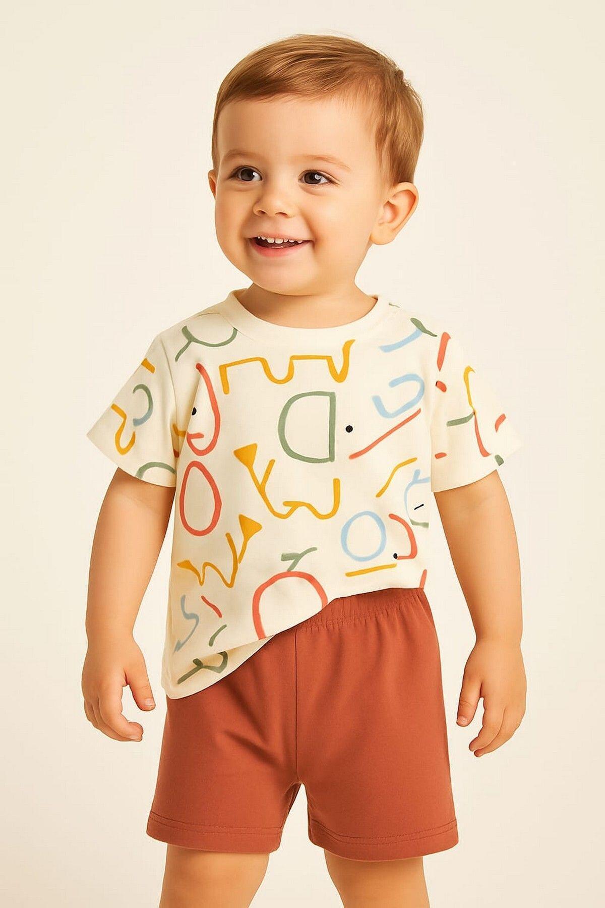 Baby Boy Elephant Pattern Colorful Elephant 2pcs Summer Set Bottom Top 6-9-12months old