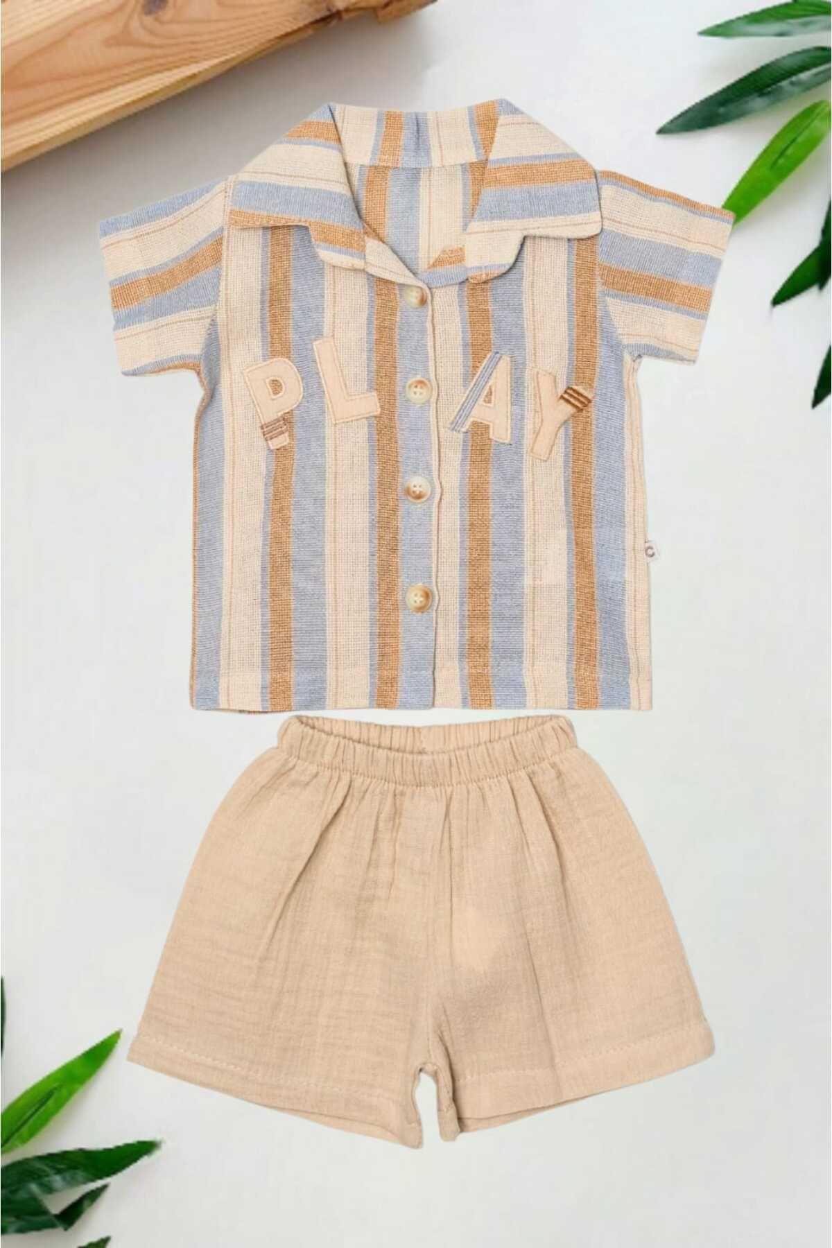 dinamik çocuk Erkek Bebek/Çocuk PLAY Nakışlı Gömlek Şort 2li Takım Ham Keten Yazlık Kumaş 3-6-9-12-19-24aylık fotoğrafı 2 (önizleme)
