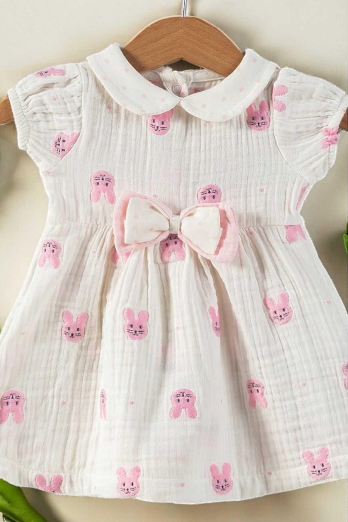dinamik çocuk Kız Bebek/Çocuk Müslin Kumaş Tavşanlı Büzgü Kol Yazlık Elbise Organik fotoğrafı 4 (önizleme)