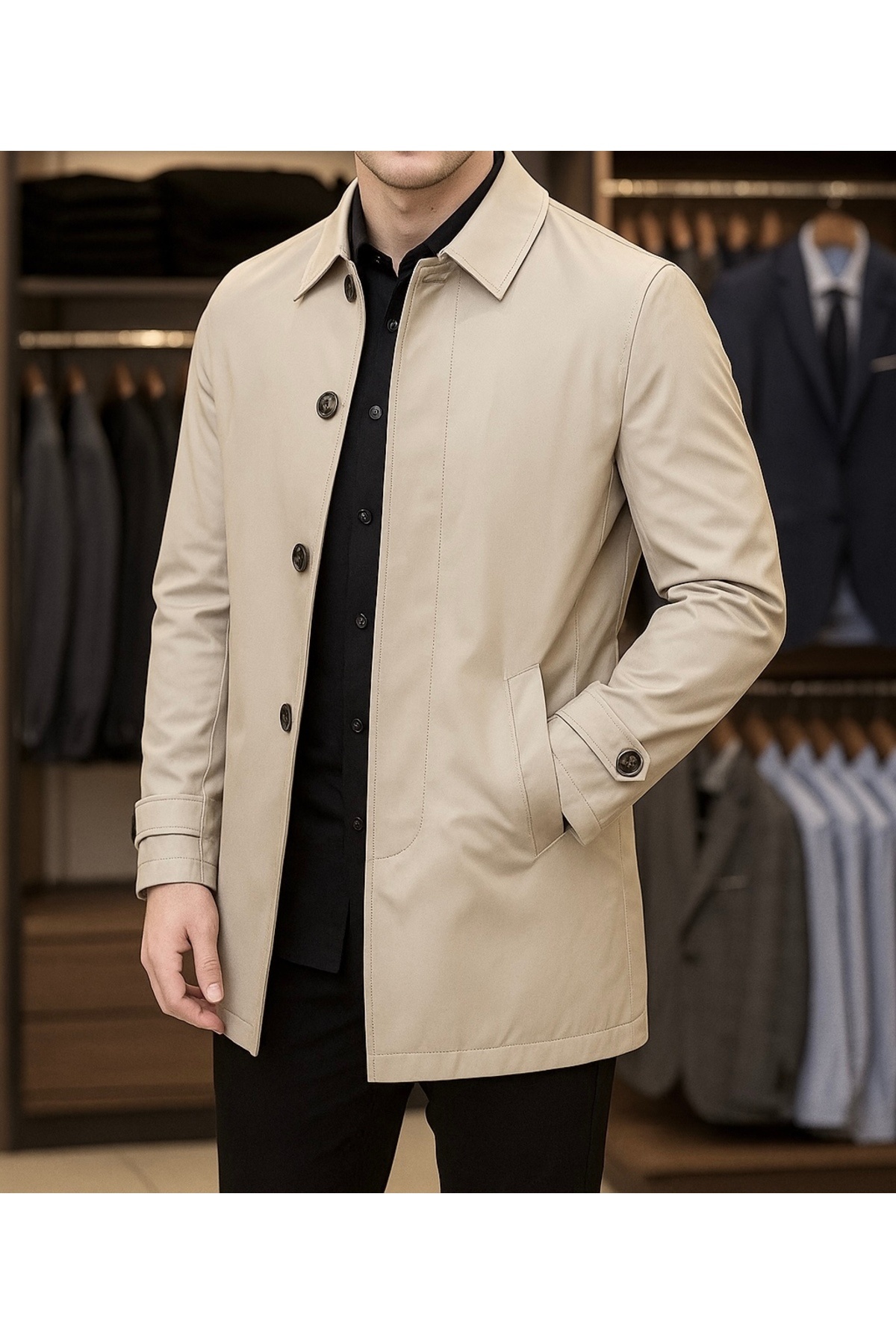 SAVARA Erkek ince bej rengi regular fit trençkot su iticili ceket üstü orta boy