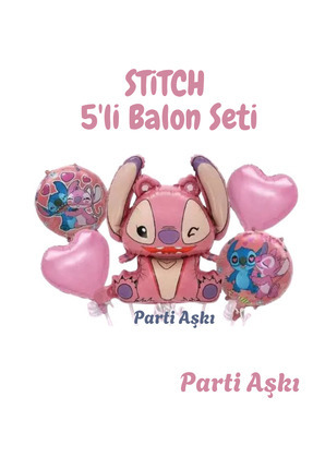 PARTİ AŞKI Pembe Kız Stitch 5'li Folyo Balon Seti & Pembe Renk Kız Stitch Kon...