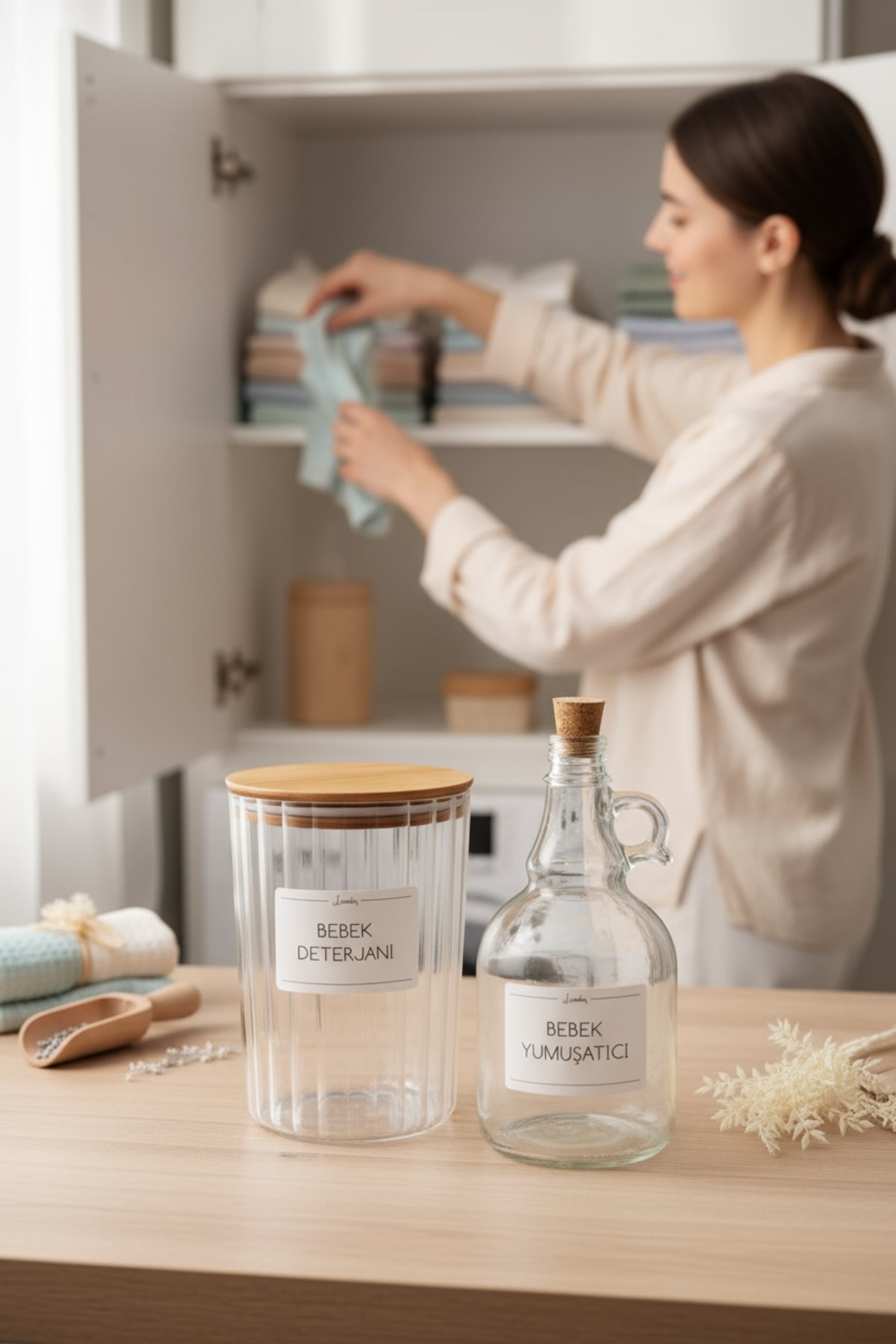 zezedesing Ahşap Kapaklı Oval Çizgili Bebek Deterjanı Kavanozu 2200ML-Bebek Yumuşatıcı Kavanozu 1000ML fotoğrafı 2 (önizleme)