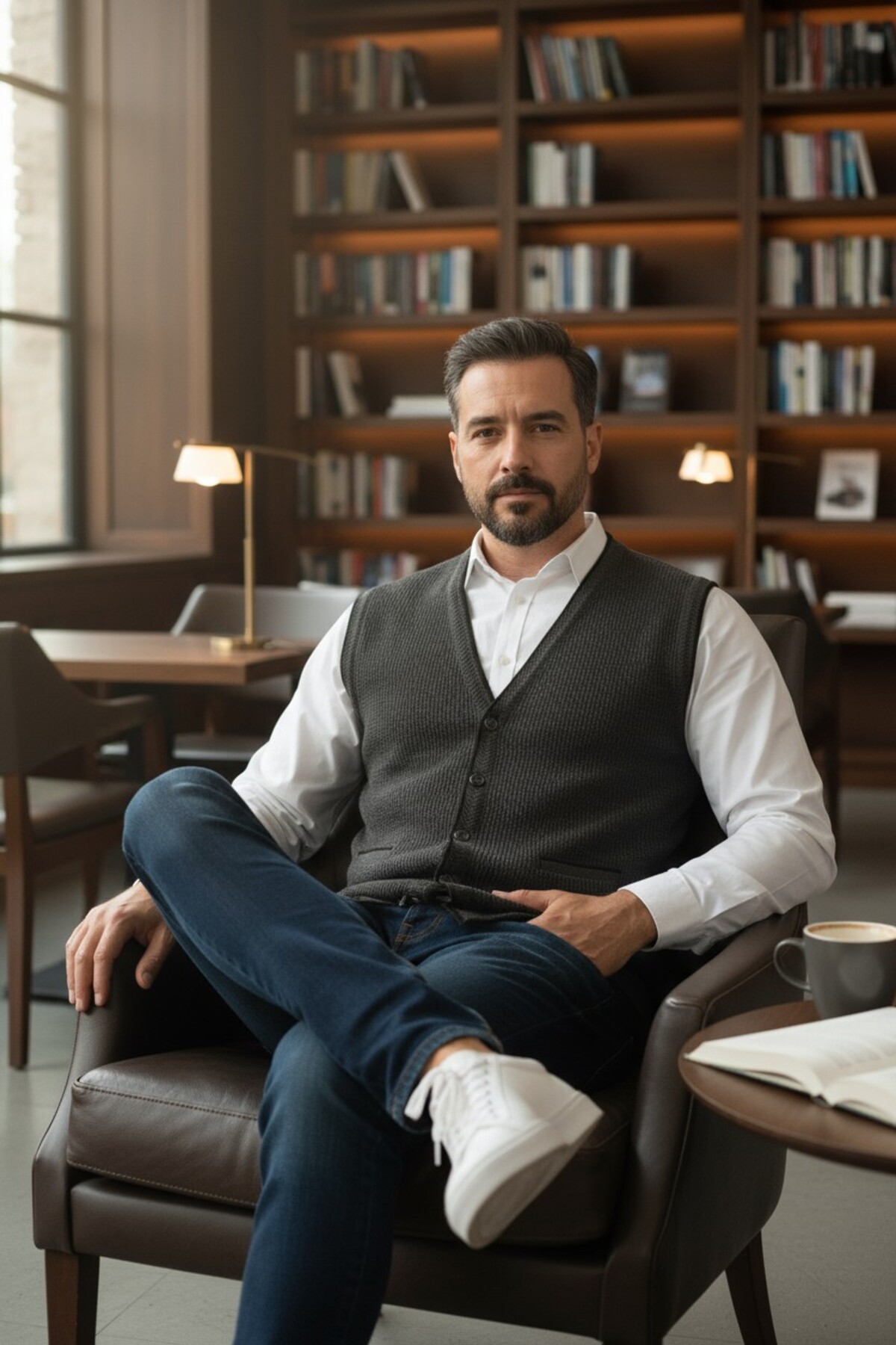 Kamalı  Erkek Gri V Yaka Triko Düğmeli Cepli Çizgi Desenli Regular Fit Tüylenmeyen Örgü Yelek - Görsel 5