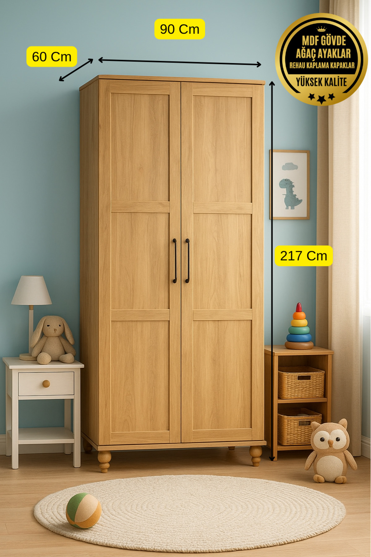arionkids Alin Wood 2 Kapaklı Dolap | %100 MDF | REHAU Kapaklı | Ağaç Ayaklı fotoğrafı 3 (önizleme)