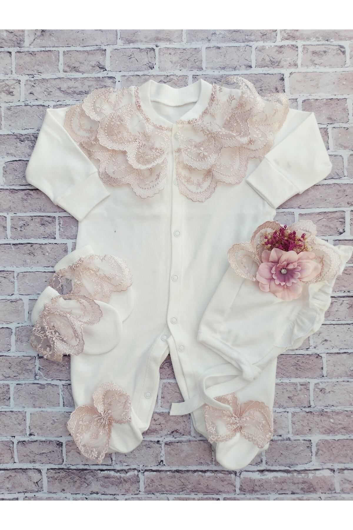Şeker Tadında Tasarımlar Bonet Şapkalı Pudra Güpürlü Kız Bebek Tulum Seti,mevlüt Takımı fotoğrafı 4 (önizleme)