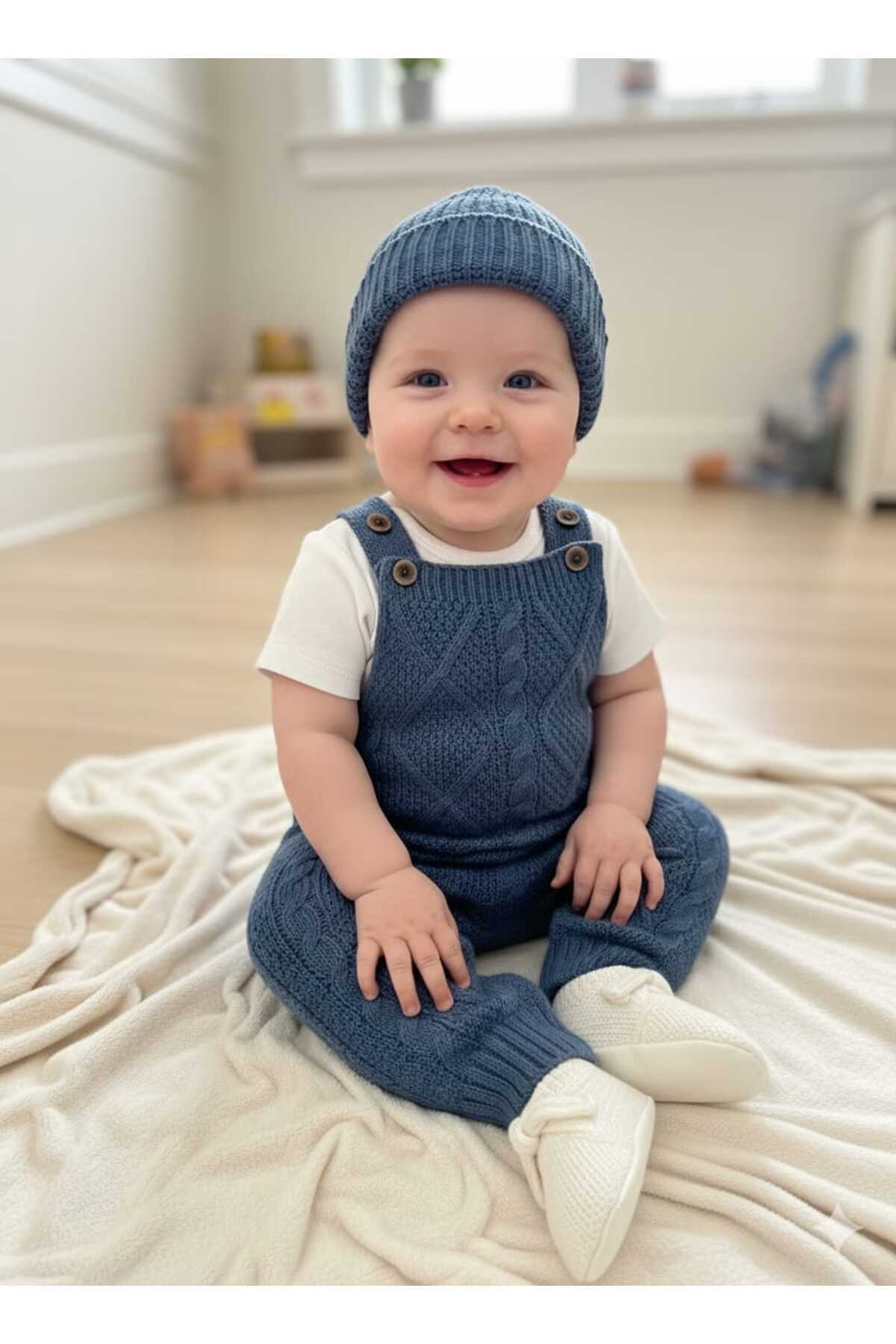 meriç bebe - bütün çocuklar melektir. mrc Kız Erkek Bebek Ayarlanabilir Askılı Baklava Desenli Bereli Triko Salopet Takımı fotoğrafı 3 (önizleme)