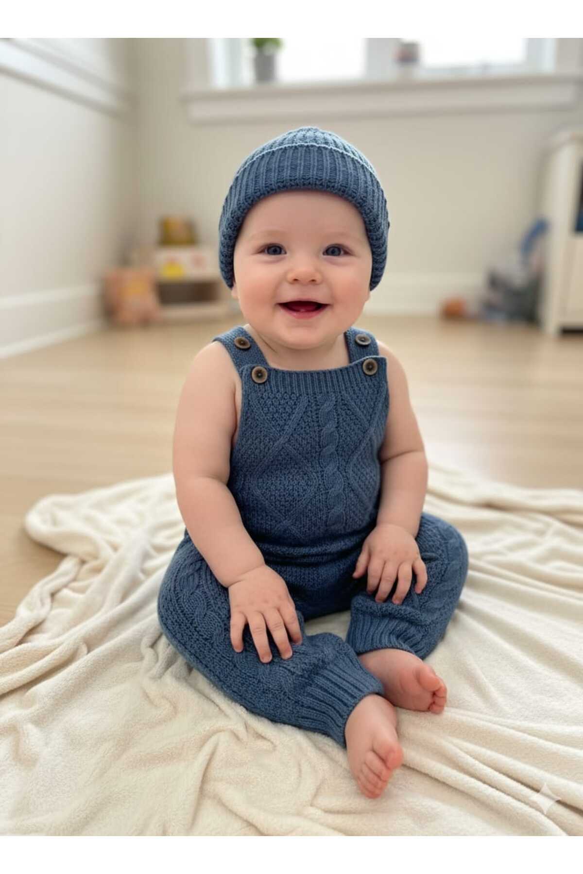 meriç bebe - bütün çocuklar melektir. mrc Kız Erkek Bebek Ayarlanabilir Askılı Baklava Desenli Bereli Triko Salopet Takımı fotoğrafı 4 (önizleme)