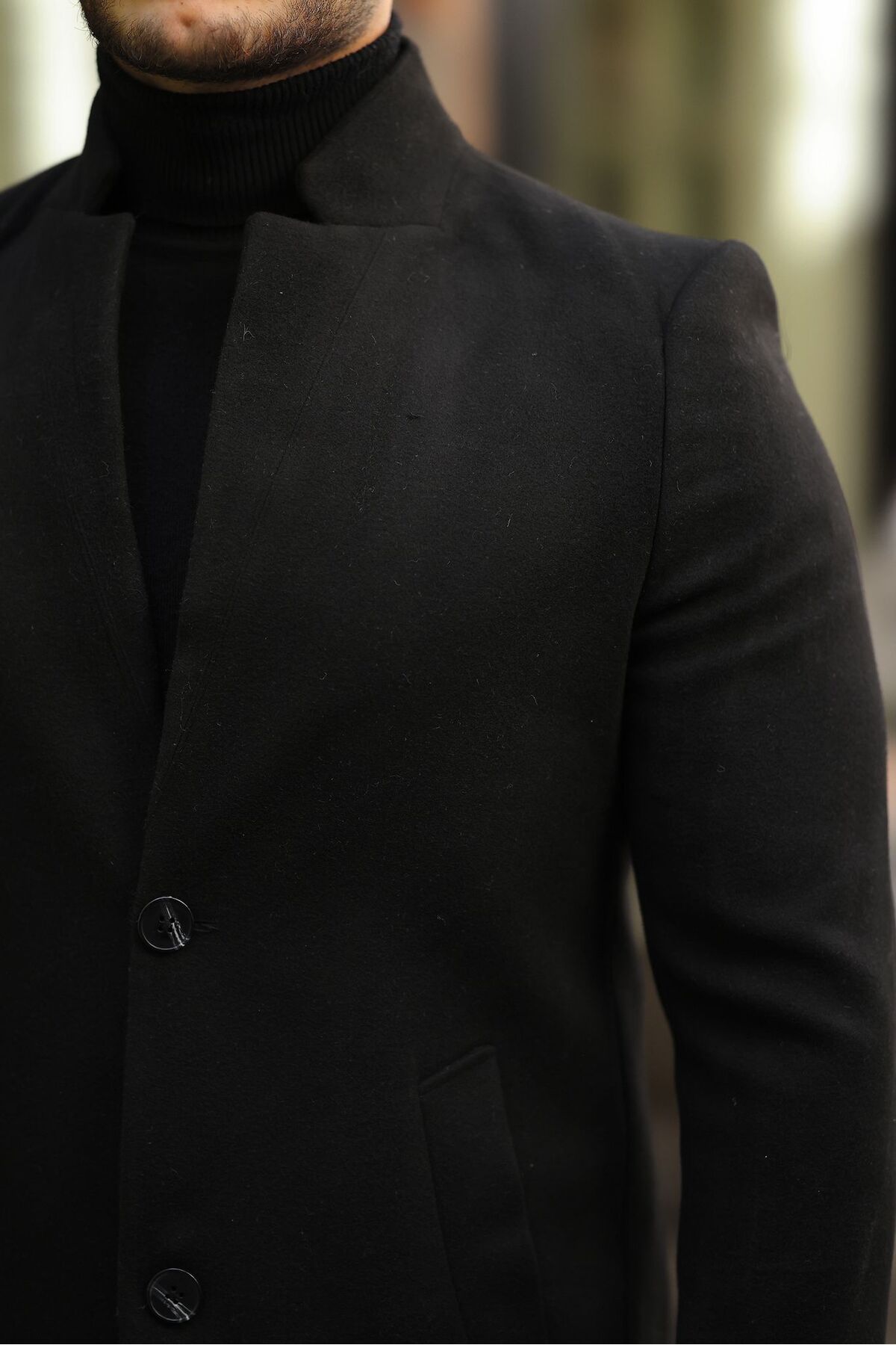 Ser Joven Erkek Siyah Slim Fit Dik Yaka Kaşe Kaban görsel 3