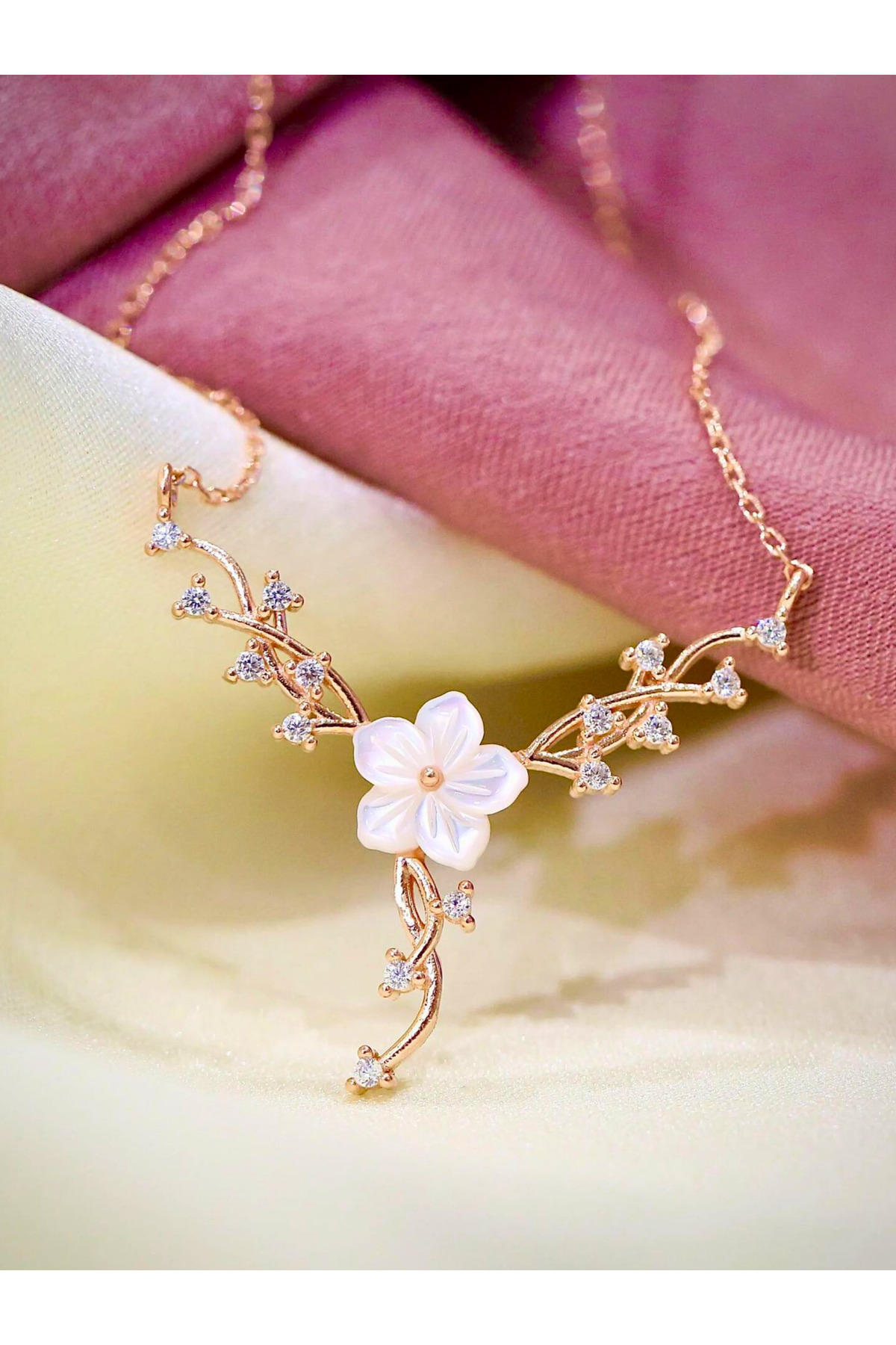 Magnolia Flower Ivy Stone Gold Steel Necklace