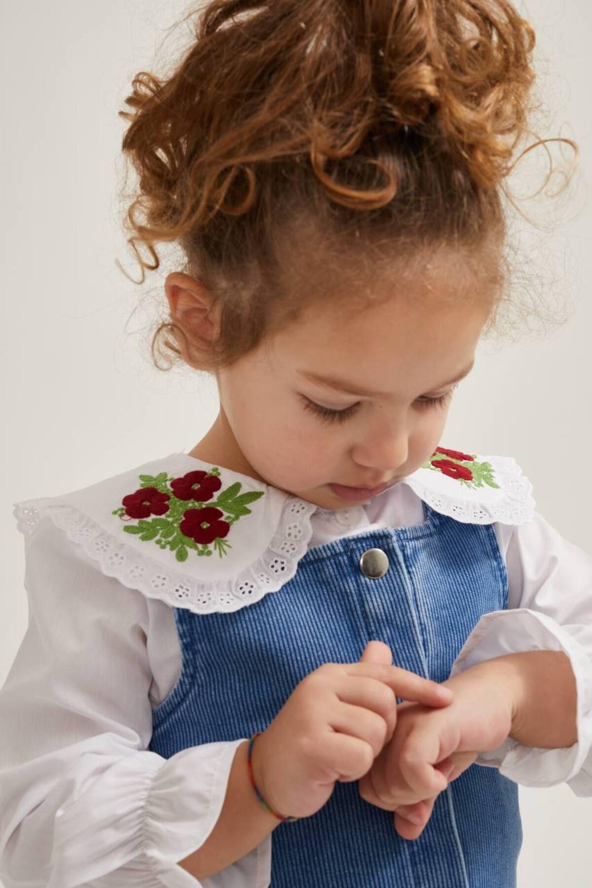 bebegci Yakası Nakışlı Mavi Kot Jileli 2'Li Kız Takım fotoğrafı 4 (önizleme)