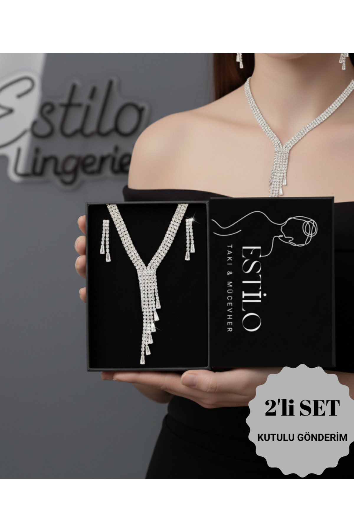 Zirkon Taşlı Saçaklı Victoria Model Takı Seti, Luxury Takı, Düğün Takısı, Hediye Takı, Gece Takısı