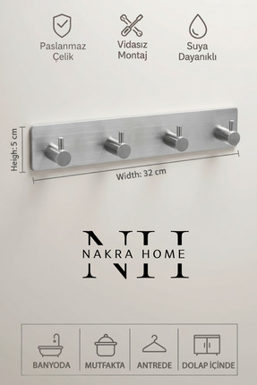 NAKRA HOME Paslanmaz Çelik Yapışkanlı 4'lü Askılık | Delmeden Montaj Suya Day...